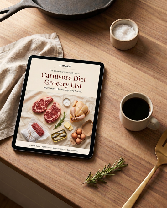 Tablet displaying a Carnivore Diet Grocery List on a wooden table with a cup of coffee and kitchen utensils.