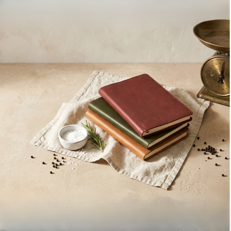 Three leather-bound carnivore diet cookbooks in oxblood, olive, and tan stacked on a linen napkin with sea salt, rosemary, and a vintage brass kitchen scale — the Carnikit Library collection.