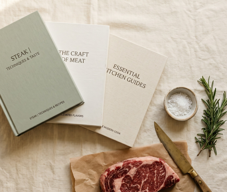 Carnikit carnivore diet digital guide bundles — flat-lay of stacked guidebooks with rosemary, sea salt, and a ribeye on cream linen