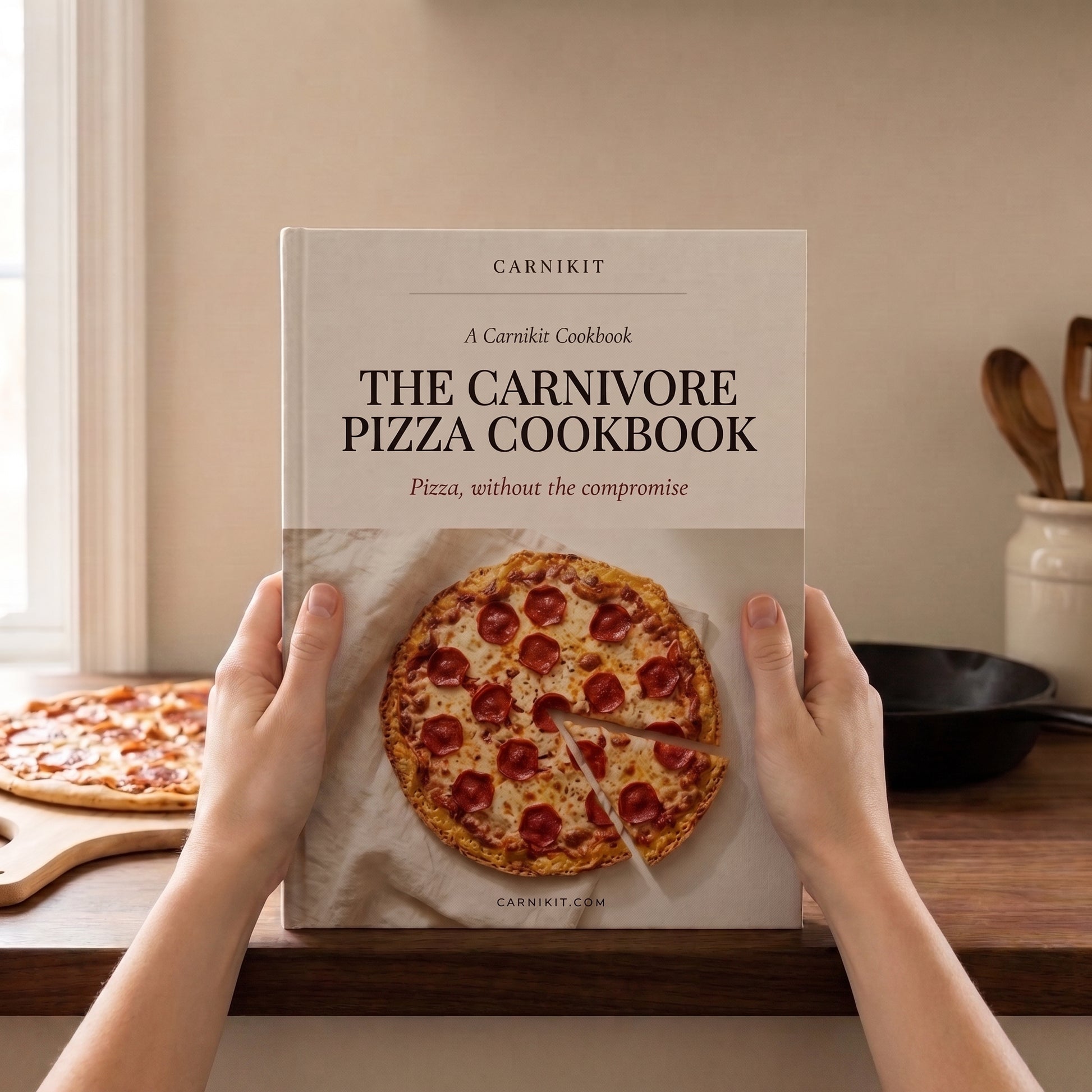 A person holds a hardcover cookbook titled "The Carnivore Pizza Cookbook" by Carnikit in a kitchen setting. The book cover is light beige with black text and a photo of a pepperoni pizza.