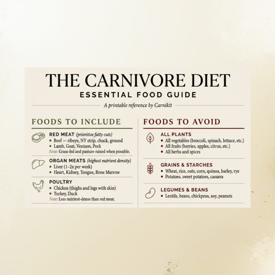 Carnivore diet food guide with text on a beige background