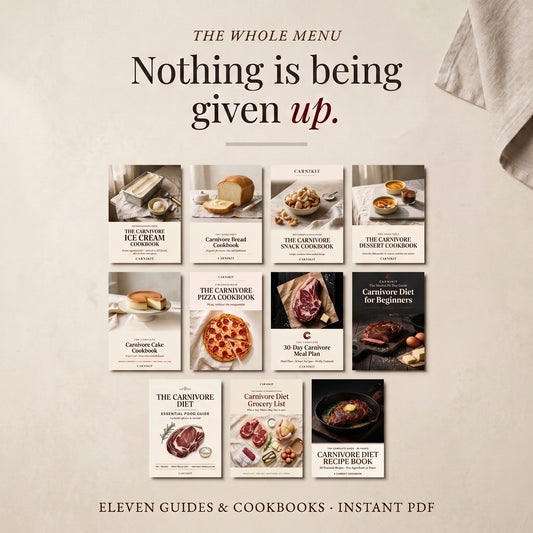 Promotional graphic for a digital cookbook bundle titled 'The Whole Menu: Nothing is being given up.' showing a grid of eleven cookbook covers, including guides and cookbooks such as Carnivore Ice Cream, Carnivore Bread, Carnivore Dessert, Carnivore Pizza, Carnivore Meal Plan, Carnivore Diet, and Carnivore Recipe Book.