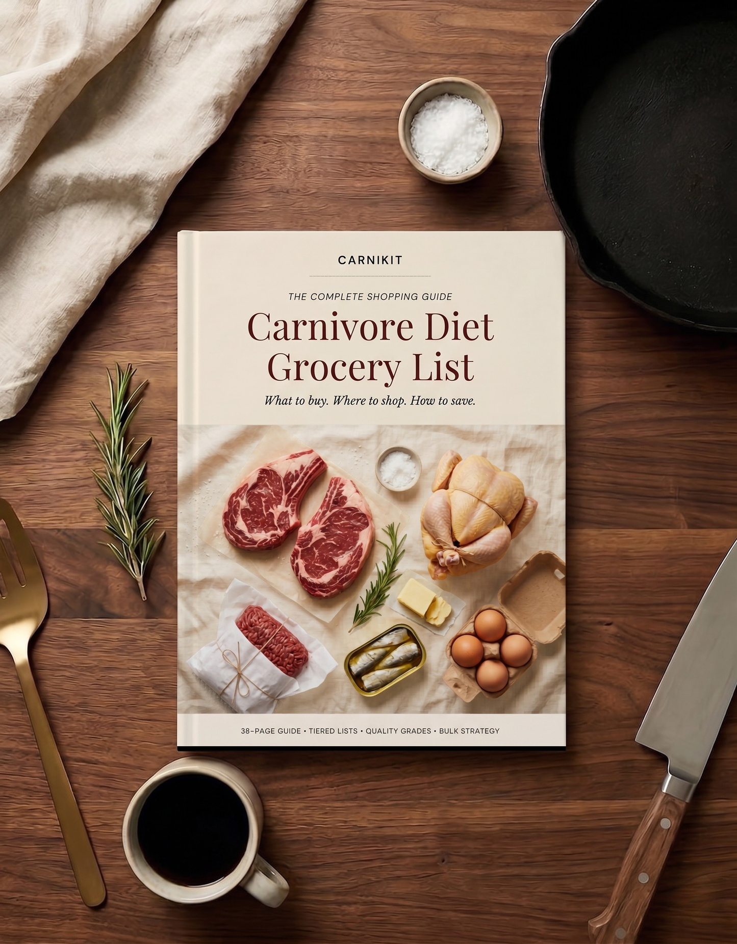 Carnivore Diet Grocery List book on a wooden table with kitchen items.