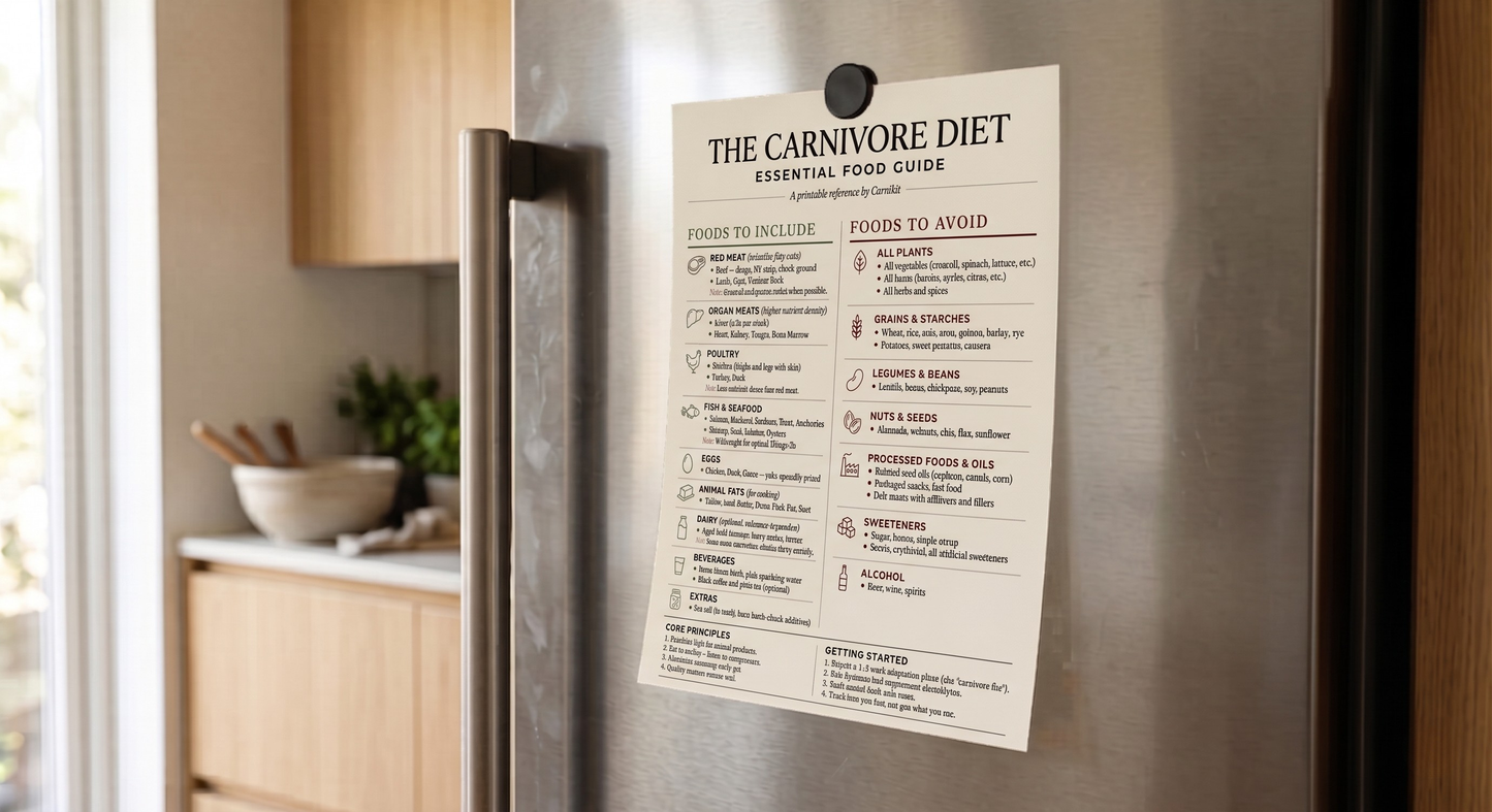 Carnivore Diet food guide poster on a refrigerator door in a kitchen.
