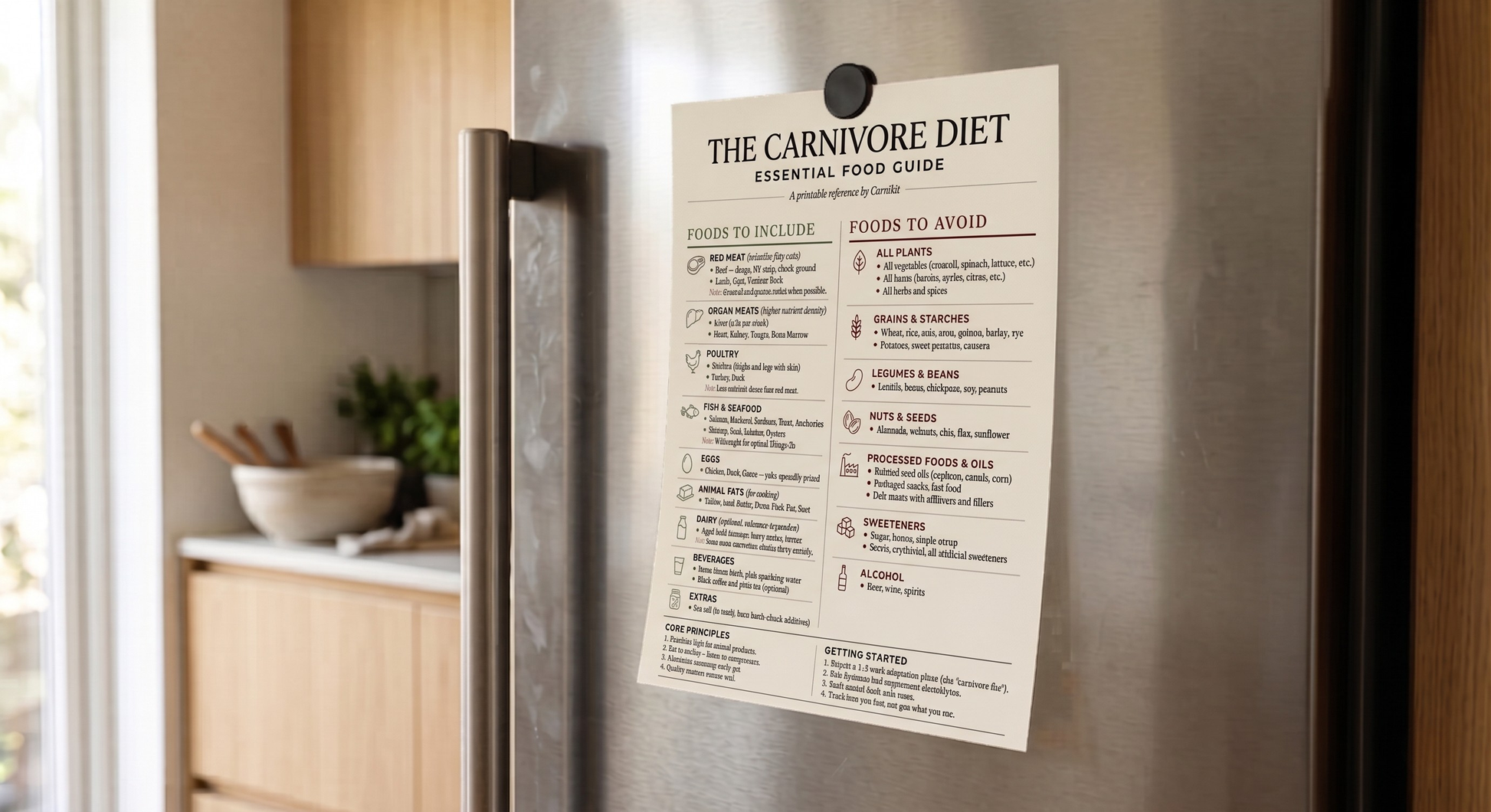 Carnivore Diet food guide poster on a refrigerator door in a kitchen.