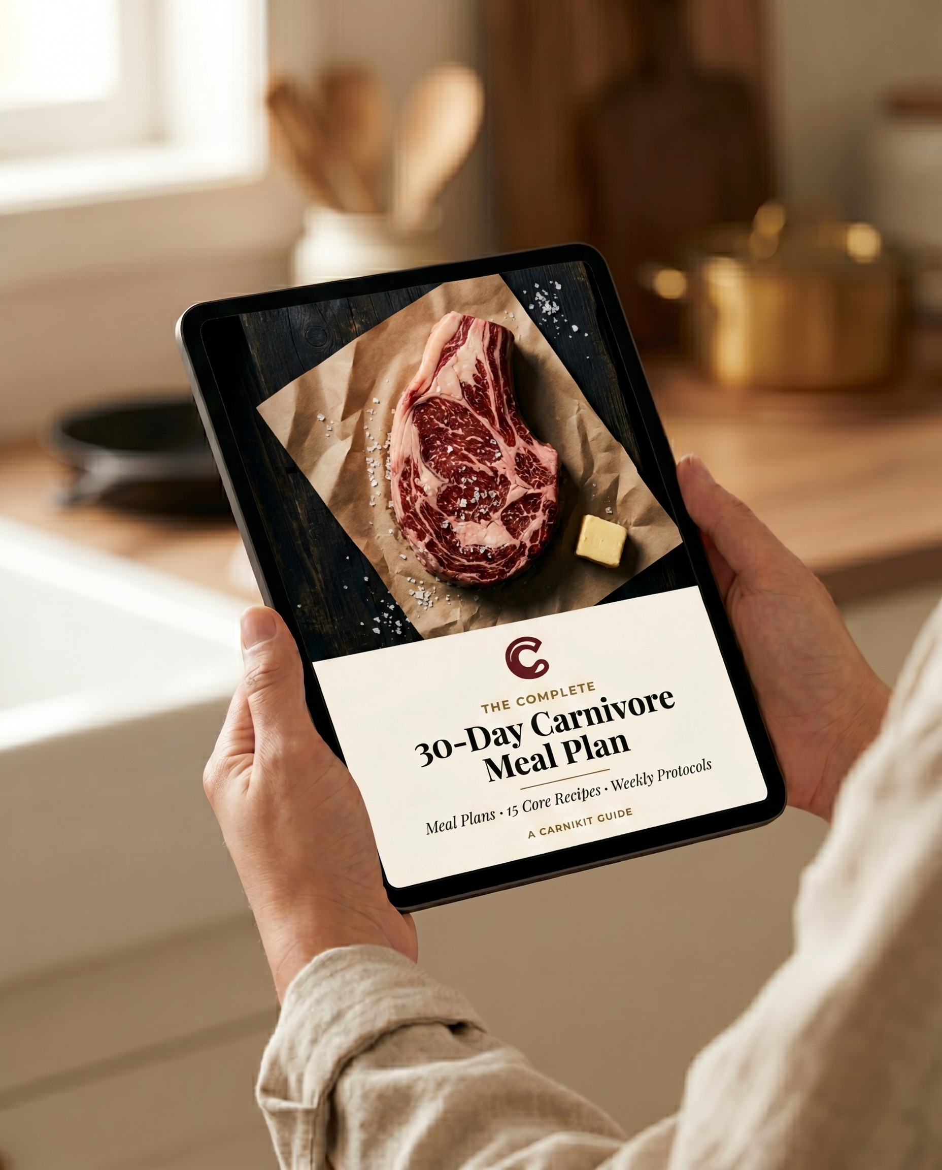 Person holding a tablet displaying a 30-Day Carnivore Meal Plan in a kitchen setting.