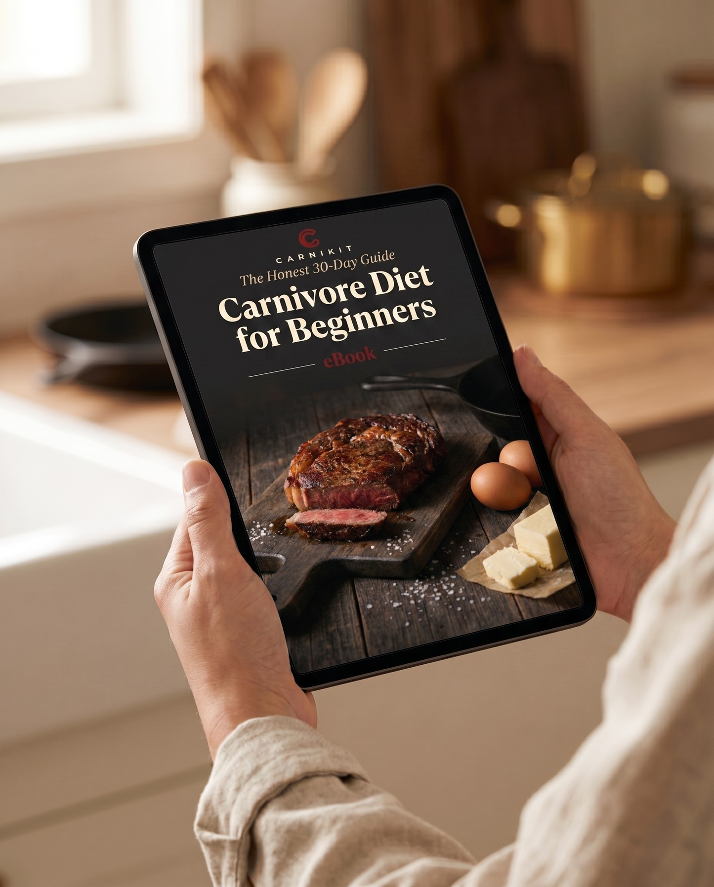 Person holding a tablet with 'Carnivore Diet for Beginners' book cover in a kitchen setting