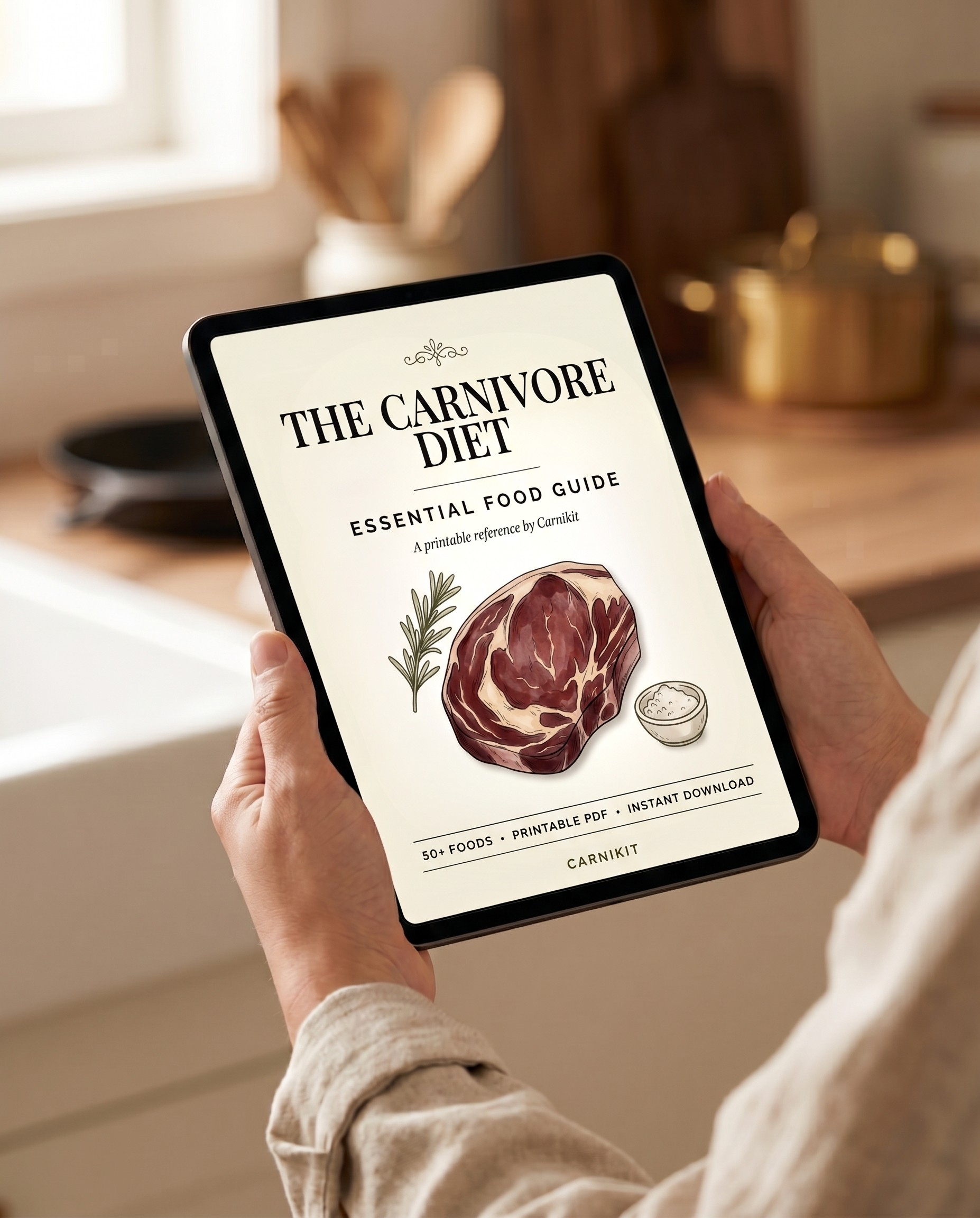 Person holding a tablet with 'The Carnivore Diet' book cover displayed on a kitchen counter.