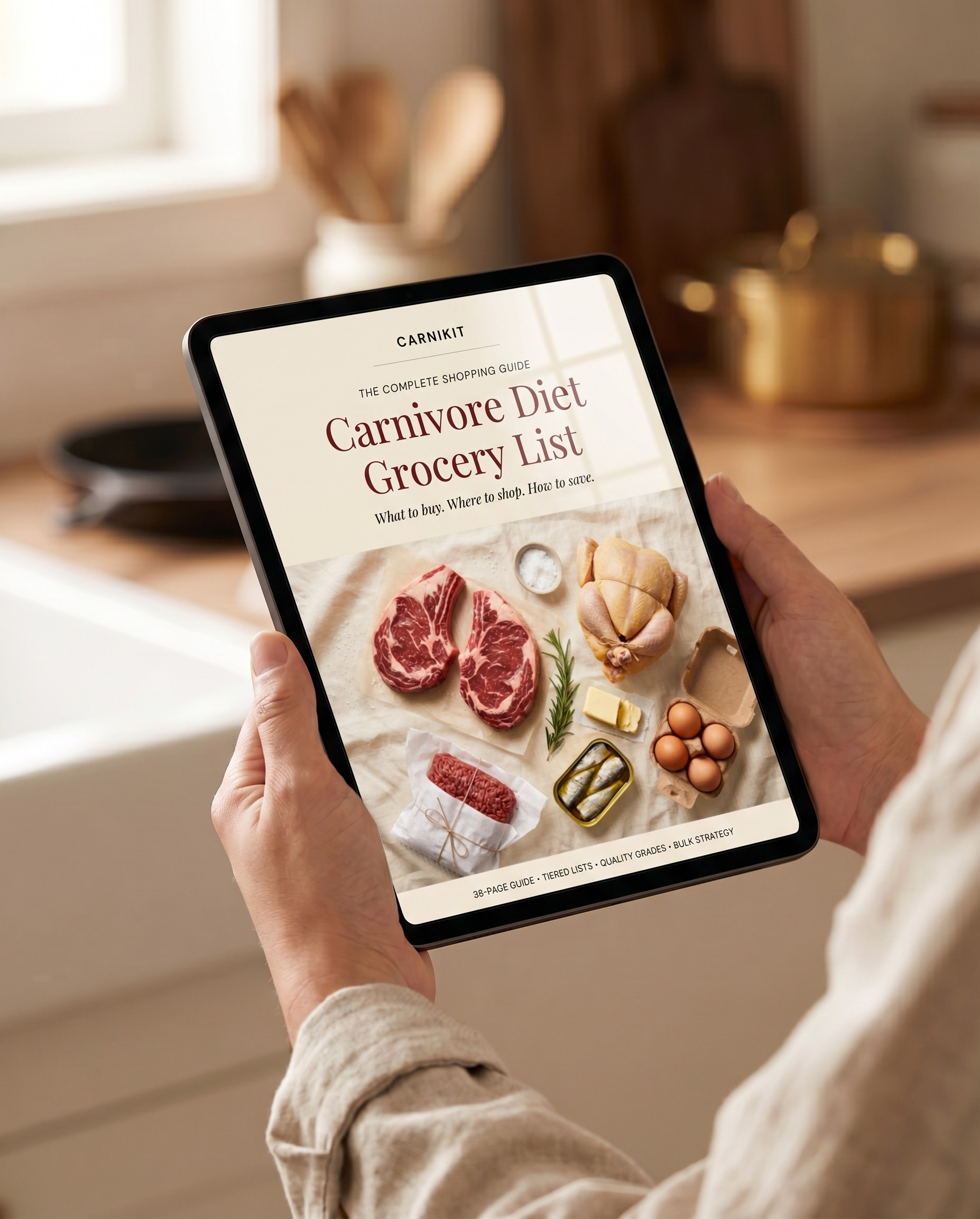 Person holding a tablet with a carnivore diet grocery list in a kitchen setting