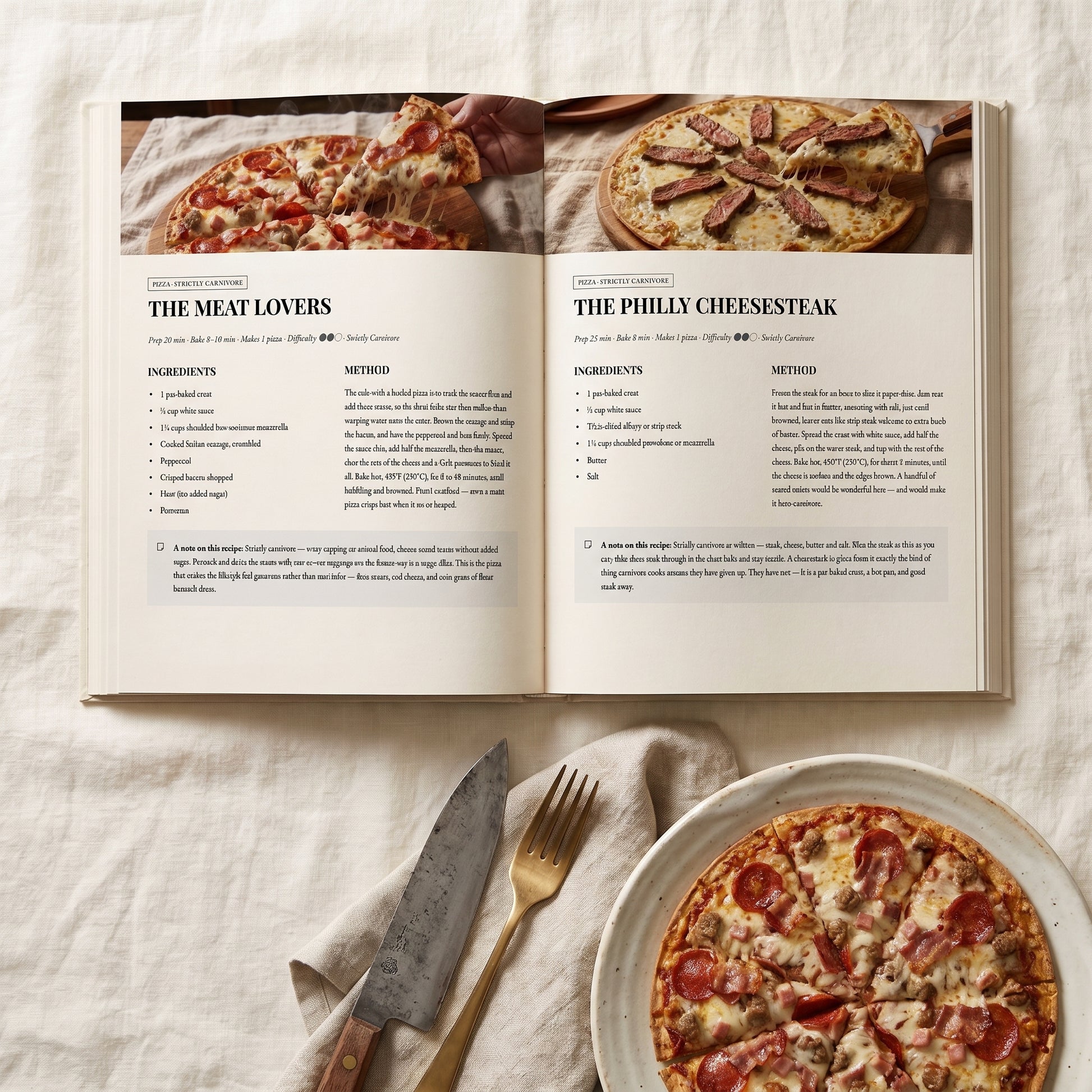 An open cookbook spread laid on a white fabric surface, showing recipe pages for pizza dishes, with a real carnivore pizza on a plate and a fork beside it.
