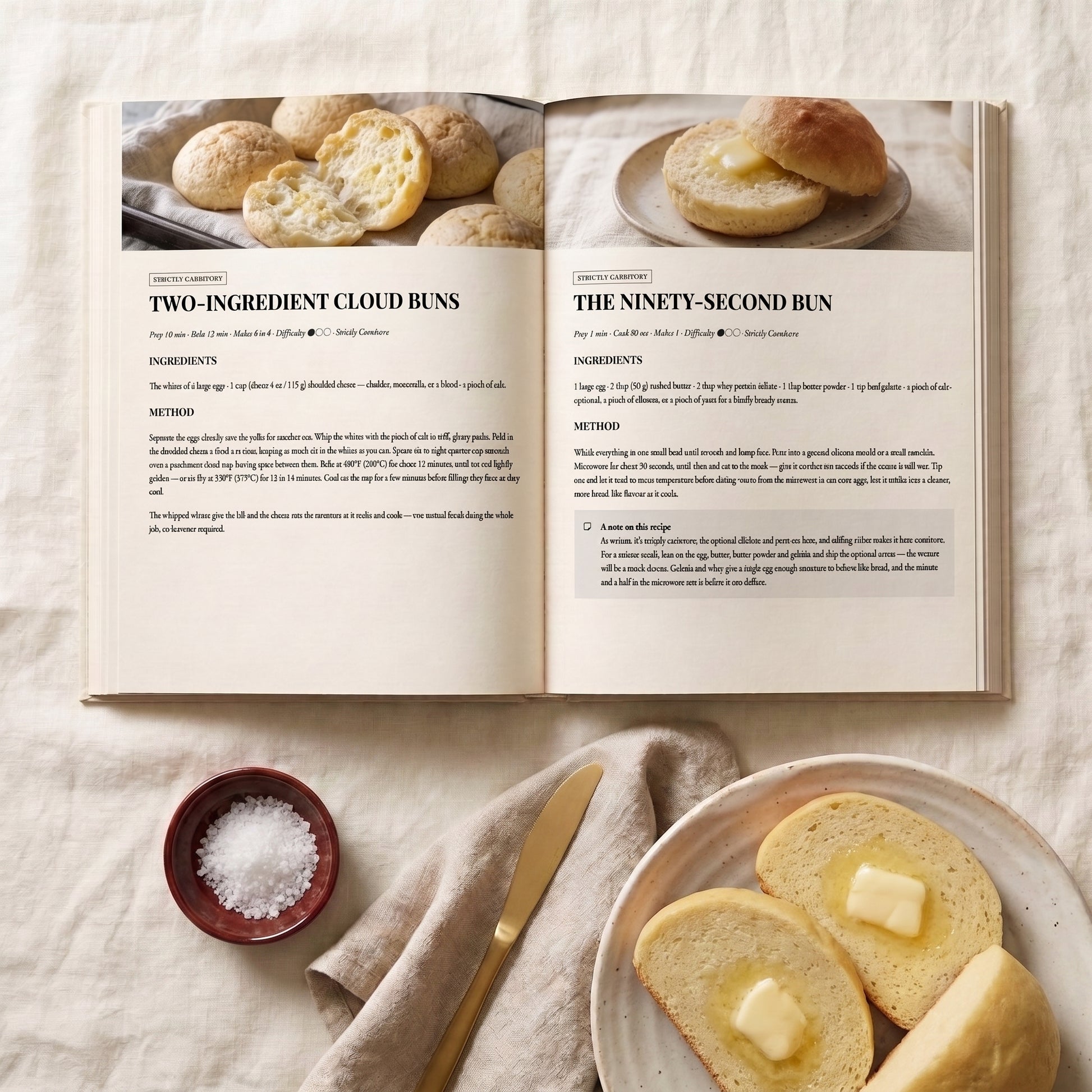 An open recipe book spread showing two carnivore bread recipe pages, styled on a light fabric surface with a small bowl of salt and a plate of sliced bread with butter nearby.
