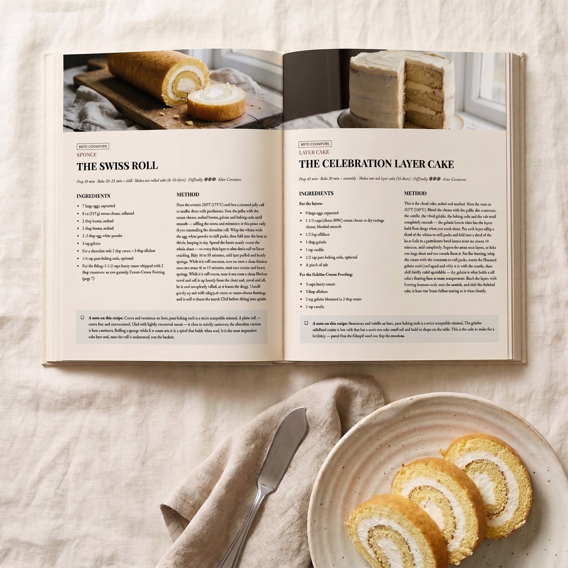 An open cookbook spread showing recipe pages for keto-carnivore 'The Swiss Roll' and 'The Celebration Layer Cake,' styled on a light fabric surface with a plate of sliced cake and a knife nearby.