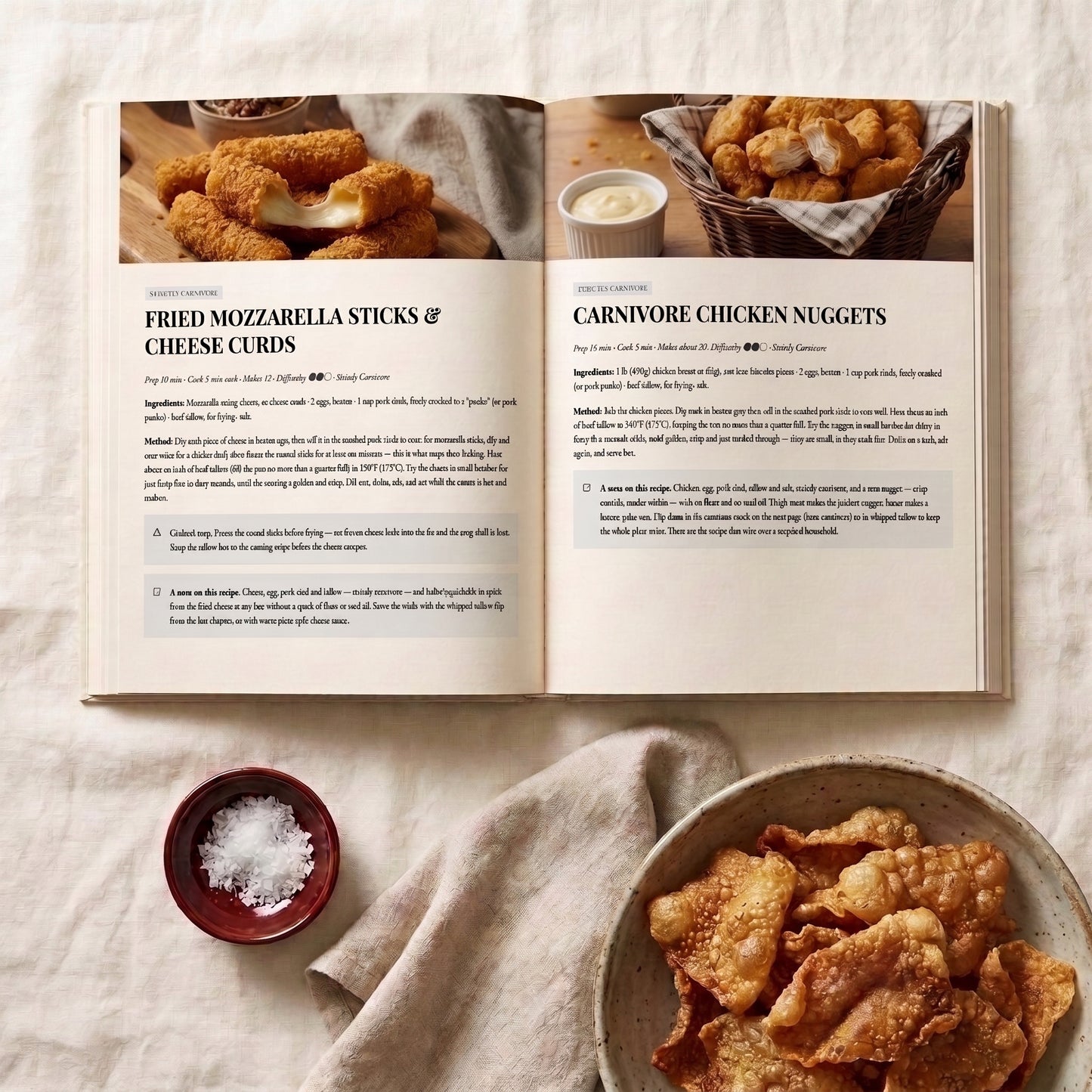 An open cookbook spread laid on a light fabric surface, showing recipe pages for fried mozzarella sticks and carnivore chicken nuggets, with plated food props nearby.