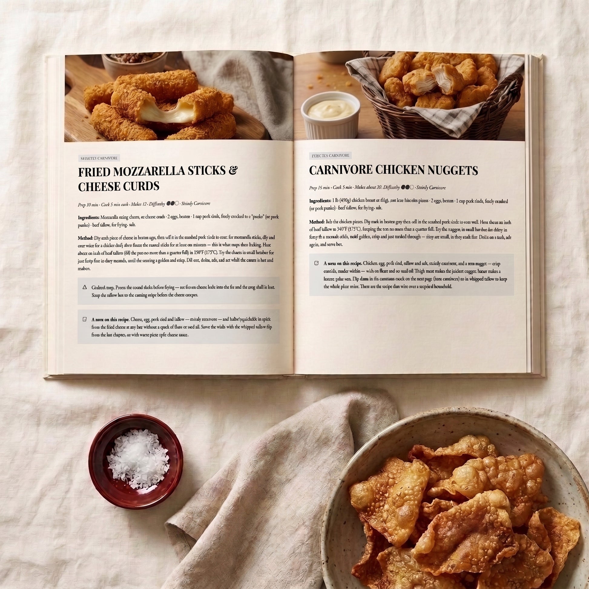 An open cookbook spread laid on a light fabric surface, showing recipe pages for fried mozzarella sticks and carnivore chicken nuggets, with plated food props nearby.