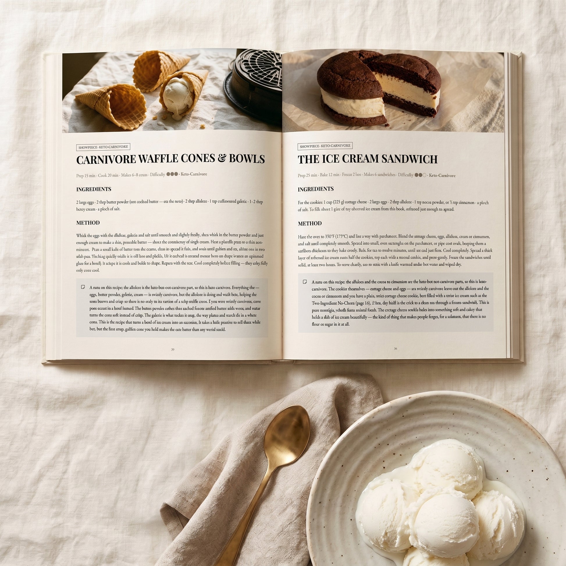 An open cookbook spread laid on a white fabric surface, showing recipe pages for carnivore waffle cones and an ice cream sandwich, with a bowl of ice cream, spoon, and fork nearby.