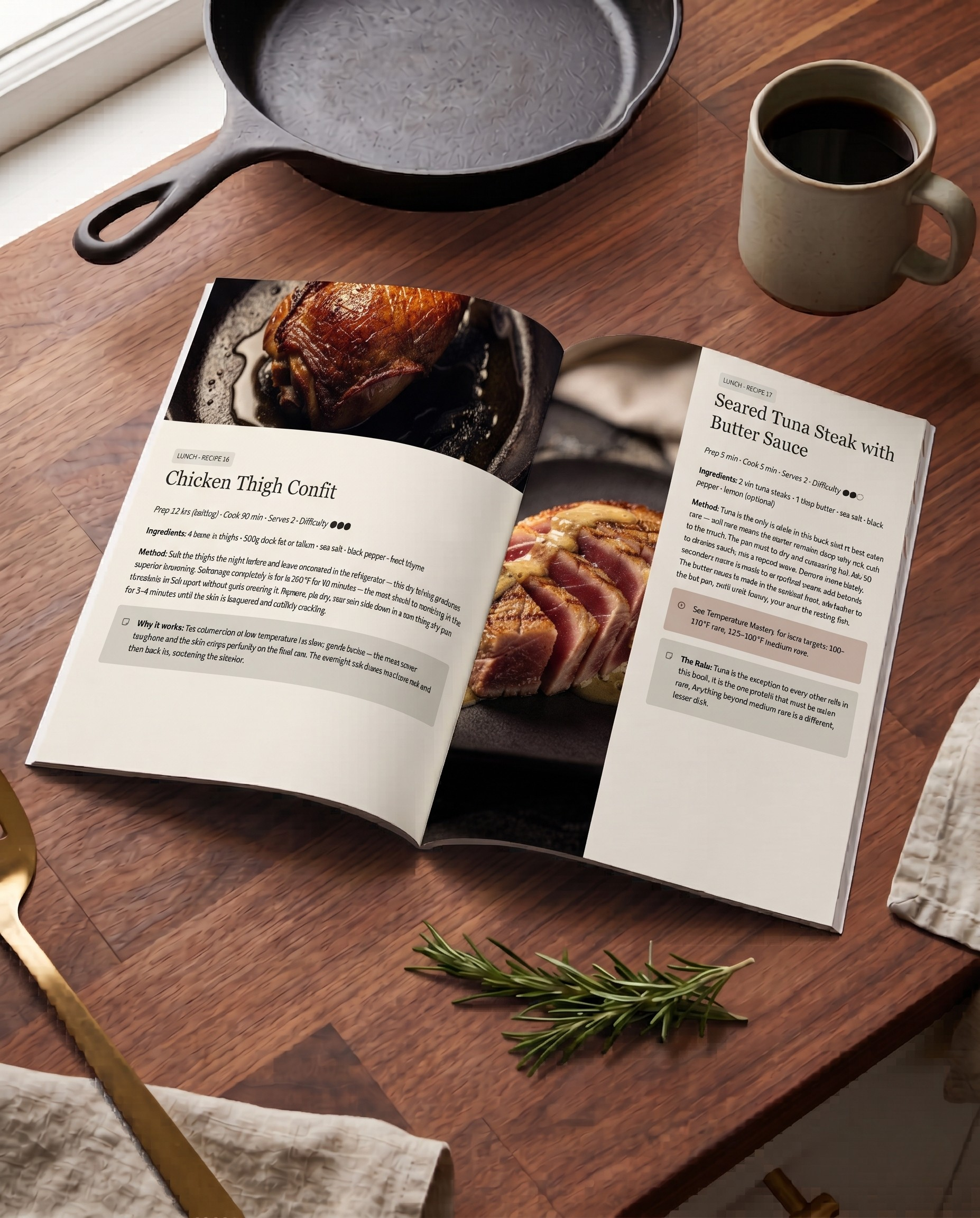 Open carnivore cookbook on a wooden table with a cast iron skillet, mug, and rosemary sprig.