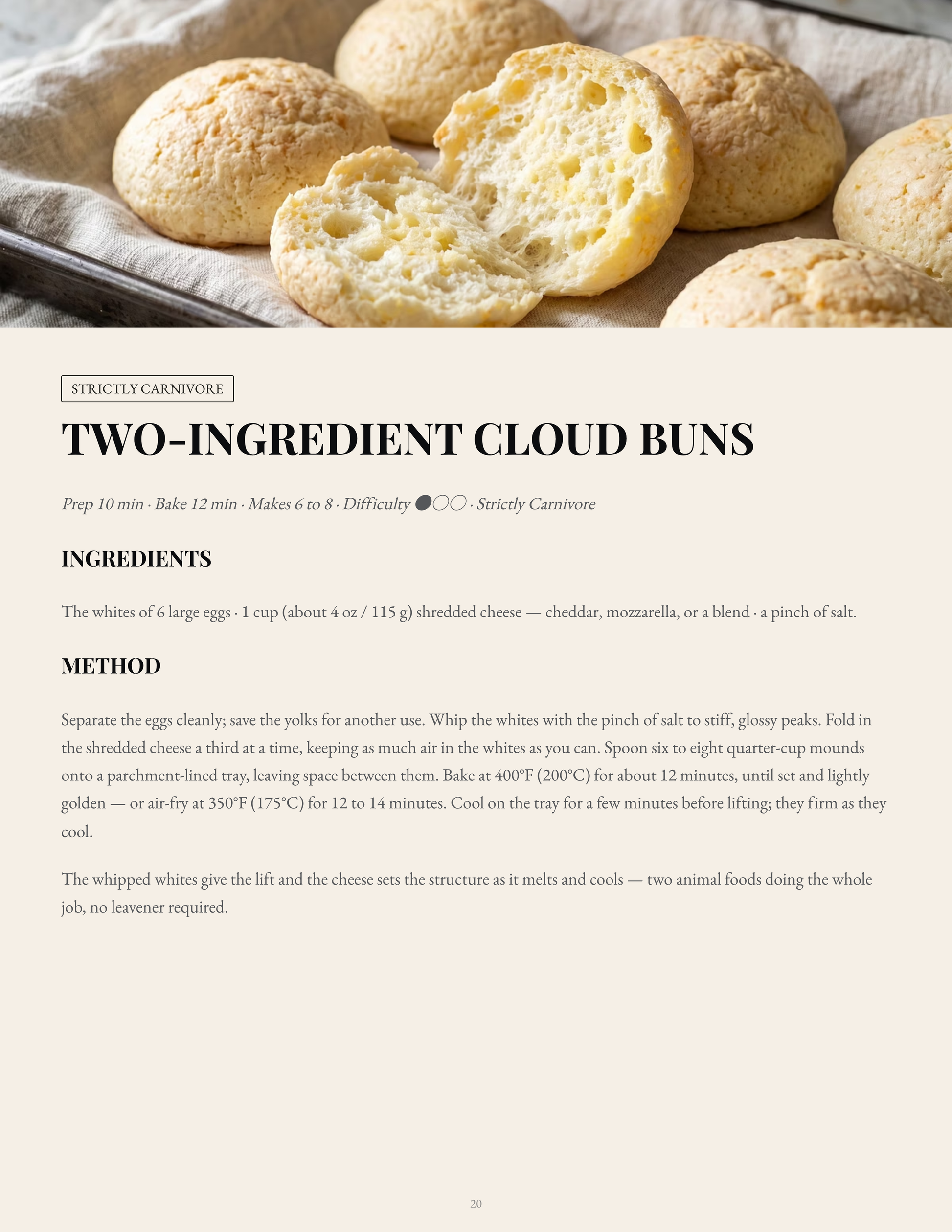 A recipe card for Two-Ingredient carnivore Cloud Buns, featuring a close-up photo of golden-brown baked buns at the top and detailed text instructions below on a light beige background.