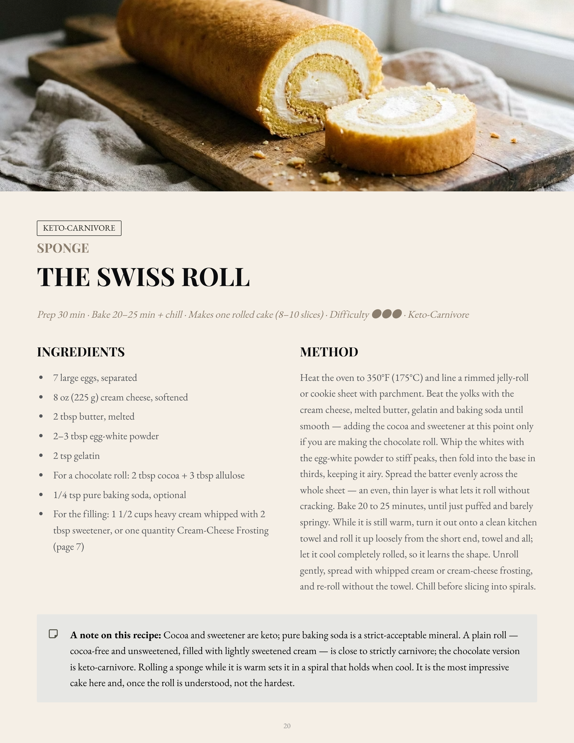 A recipe card for 'The Swiss Roll' keto-carnivore sponge cake, featuring a large photo of the finished golden-brown rolled cake at the top, with ingredients and step-by-step method details printed below on a beige background.