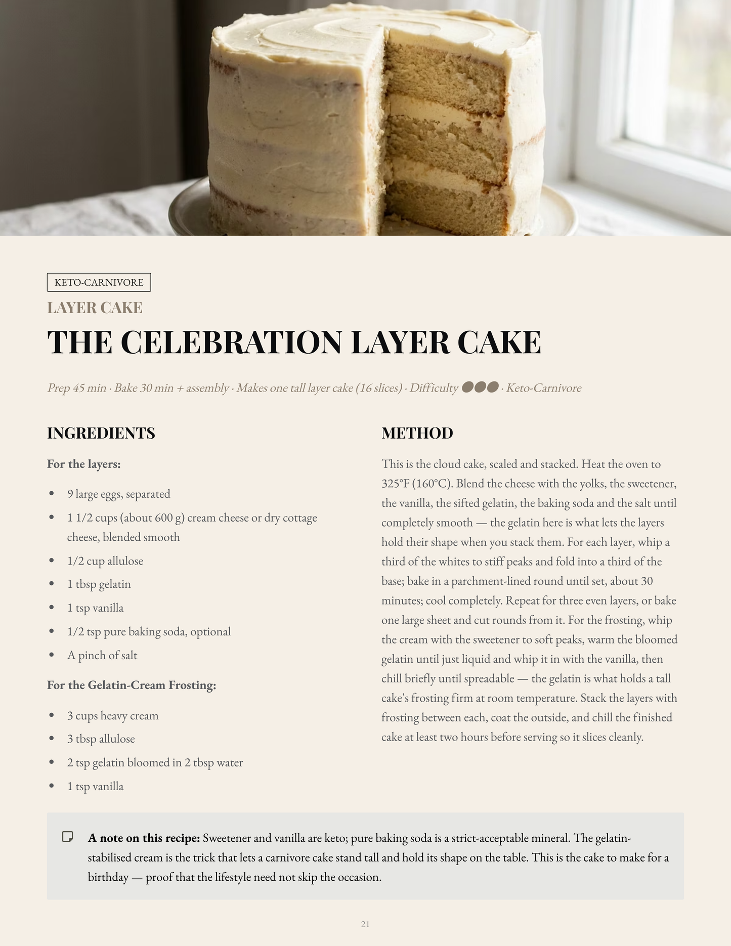A recipe card page for 'The Celebration Layer Cake' from Keto-carnivore Cakes and Coffee, showing the ingredients, method, and a small photo of the finished cake on a plate at the top.
