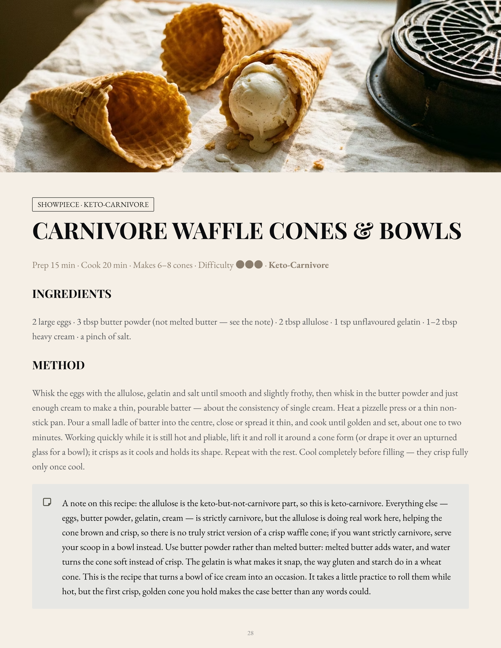 A recipe page for Keto Carnivore Waffle Cones & Bowls, featuring a photo of golden-brown waffle cones and bowls at the top, ingredients list, method section, and a checkbox note below.