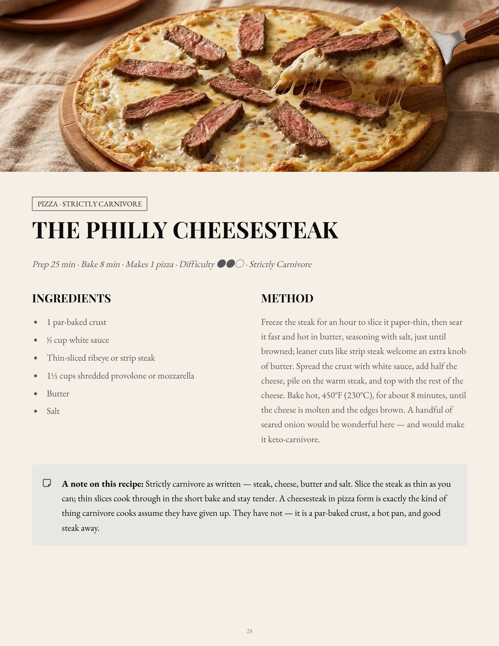 A recipe card for 'The Philly Cheesesteak' from Strictly Carnivore, showing a prepared carnivore pizza-stuffed steak with melted cheese and melted butter on a bed of pasta, set against a rustic wooden background.