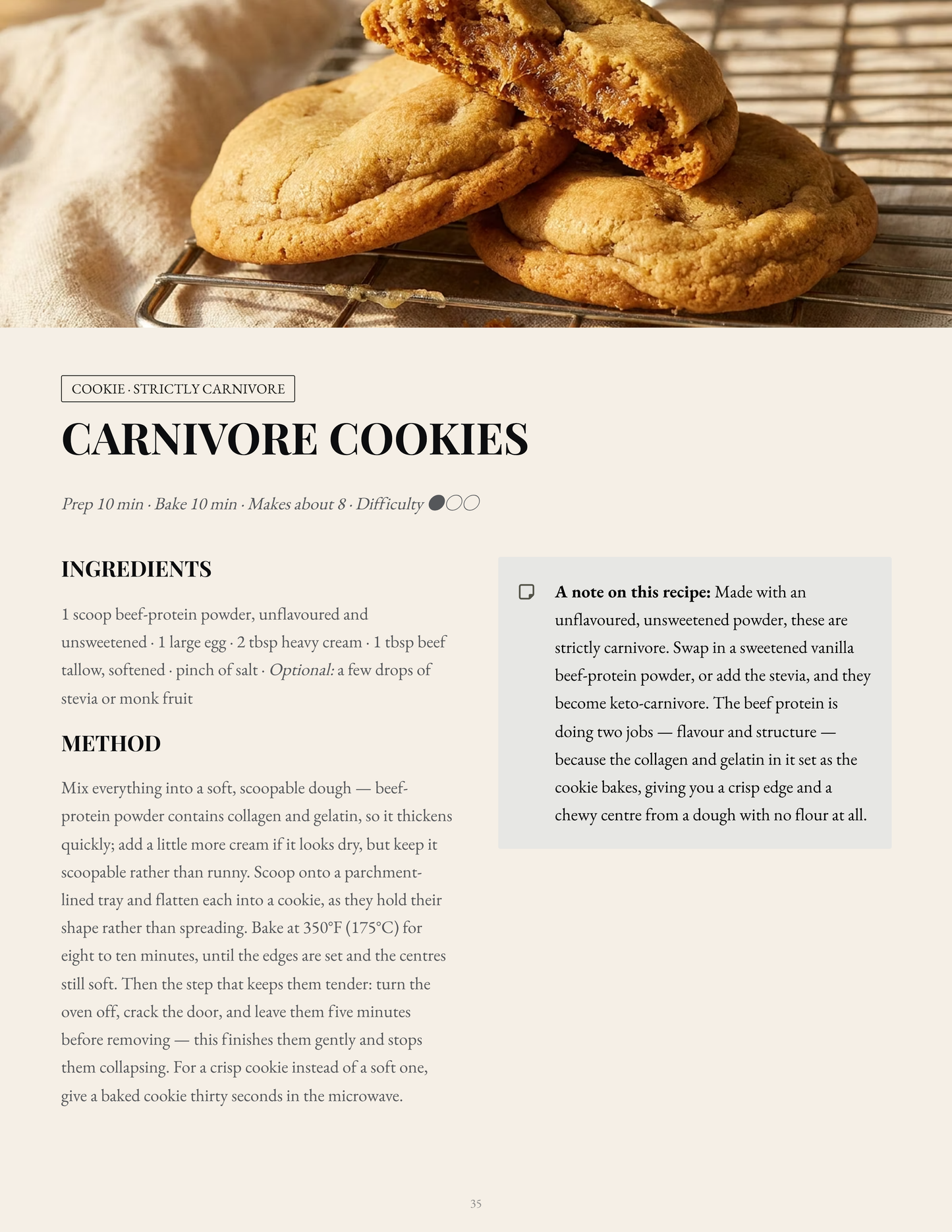 A recipe page for 'Carnivore Cookies' from a cookbook, featuring a close-up photo of golden-brown baked cookies at the top and text detailing ingredients and method.