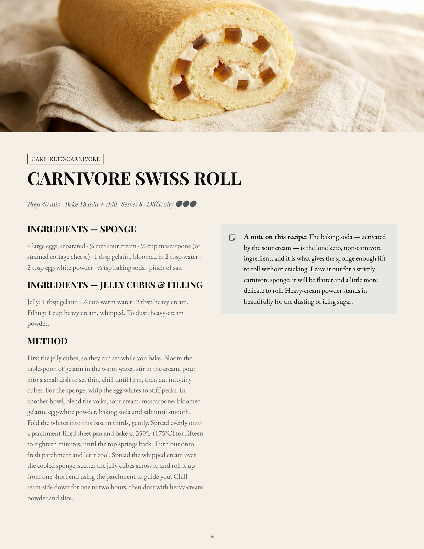 A cookbook page for "Carnivore Swiss Roll," labeled "Cake · Keto-Carnivore." A photo shows a sliced sponge cake roll with a creamy filling studded with small cubes of amber jelly. Below are ingredient lists for the sponge and the jelly cubes/filling, plus method instructions and a shaded note box explaining the role of baking soda and sour cream in the recipe.