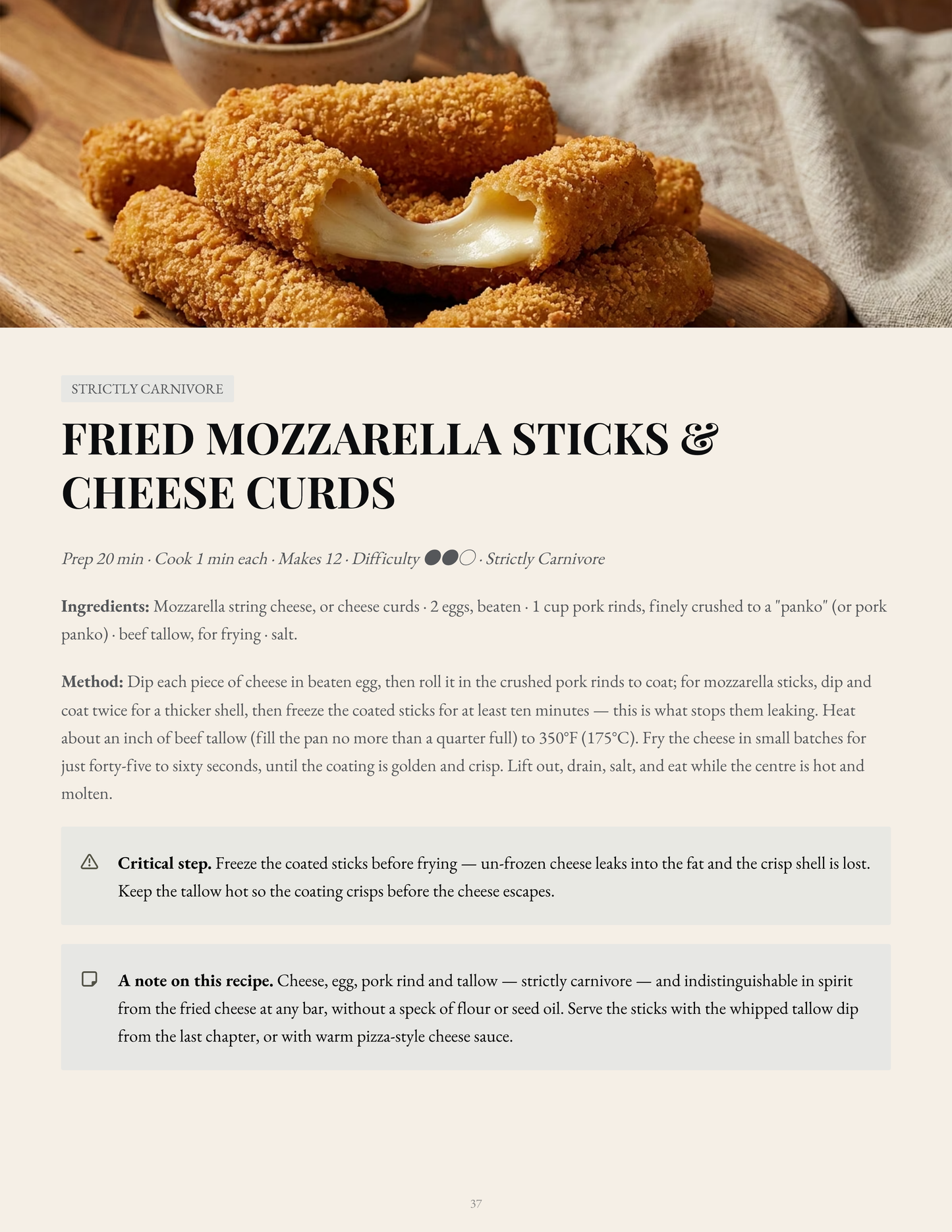 A recipe card page for 'Fried Mozzarella Sticks & Cheese Curds' from Strictly Carnivore, showing a close-up photo of golden-brown fried mozzarella sticks with cheese curds on a white background with text instructions below.