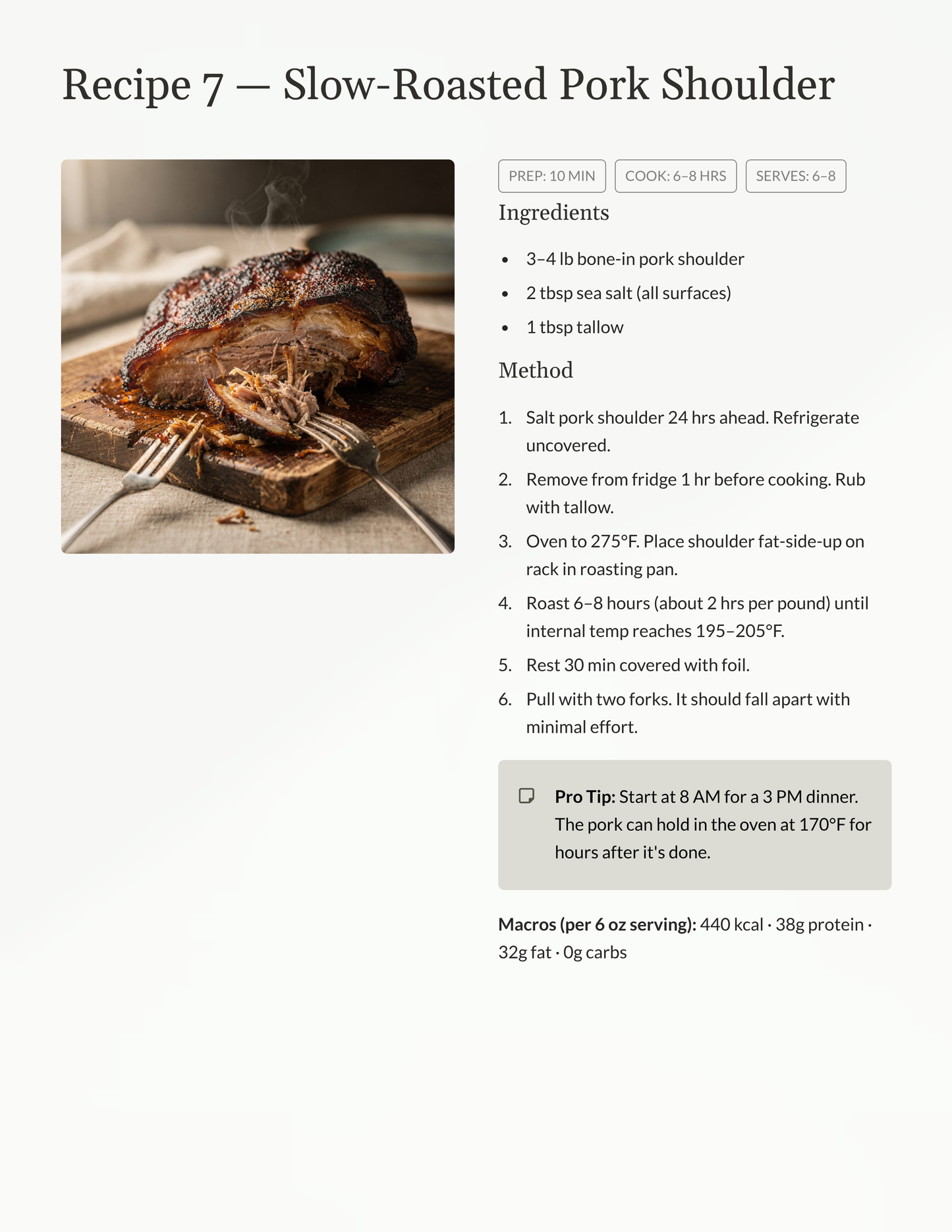 carnivore recipe for slow-roasted pork shoulder with a photo of the dish.