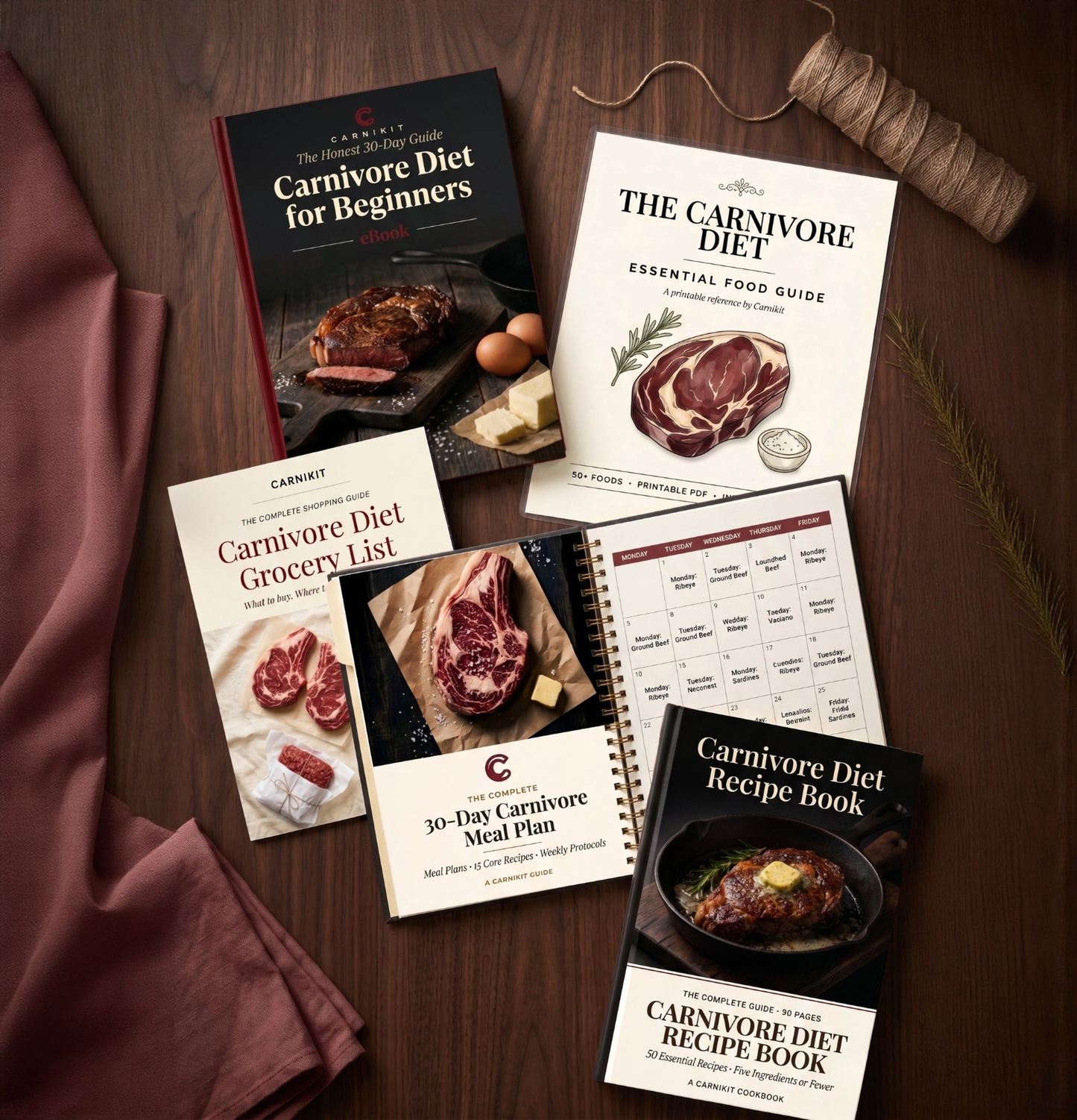 Collection of carnivore diet books and guides on a wooden surface