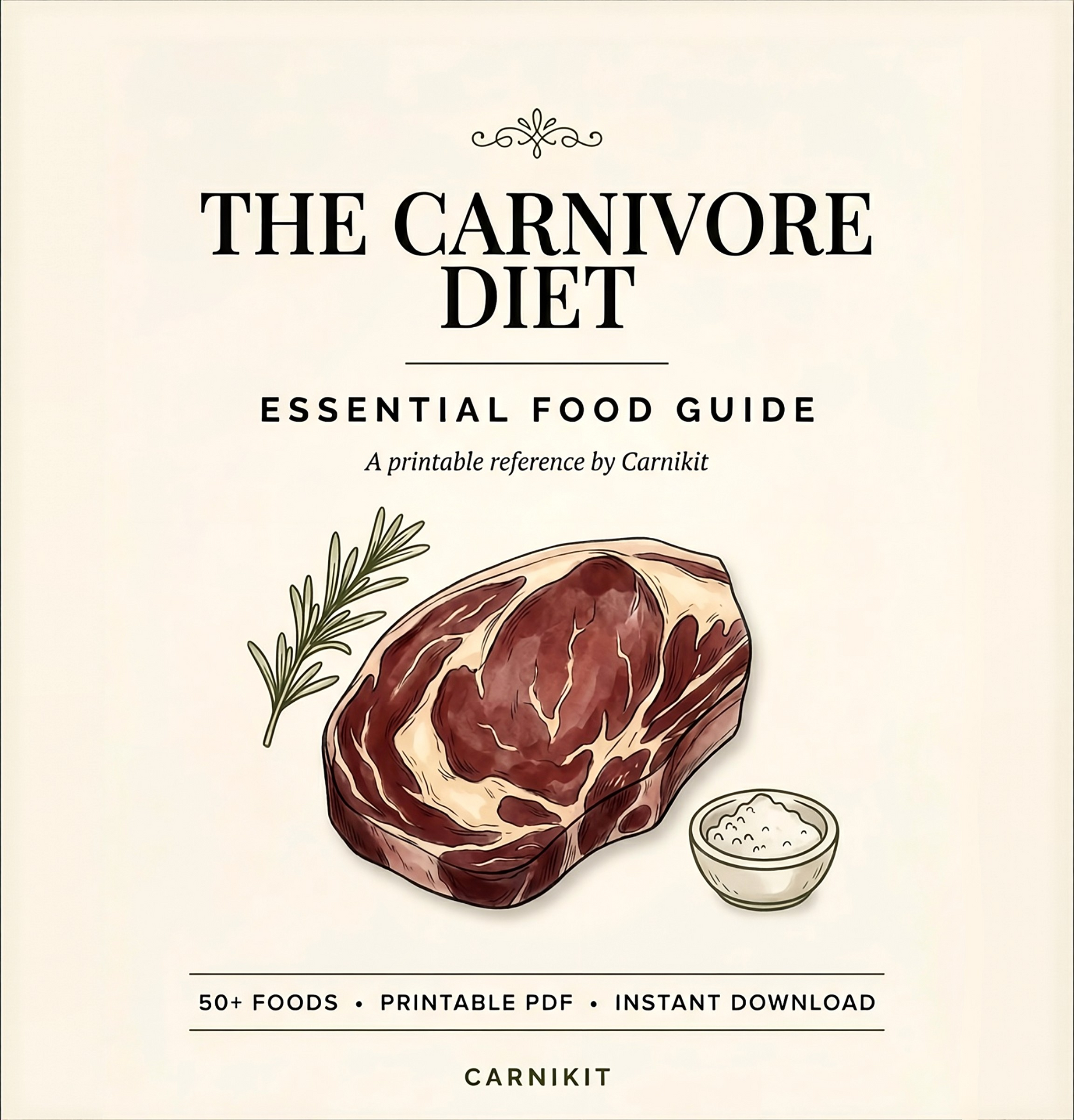 Cover of 'The Carnivore Diet Essential Food Guide' by Carnikit with a steak illustration on a beige background.