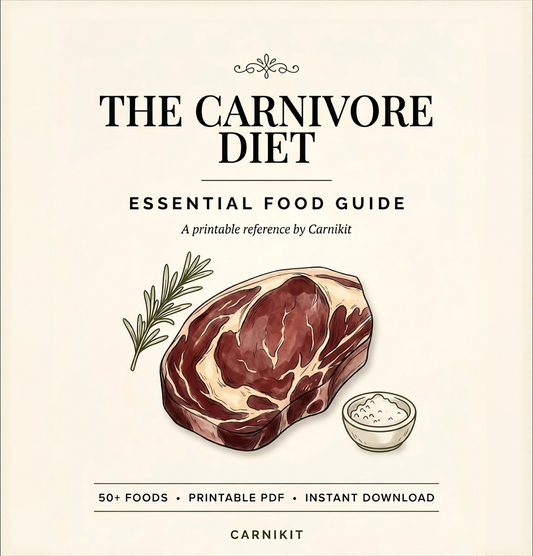 Cover of 'The Carnivore Diet Essential Food Guide' by Carnikit with a steak illustration on a beige background.