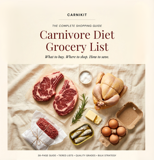 Carnivore Diet Grocery List book cover with raw meats, chicken, eggs, and butter on a beige background.