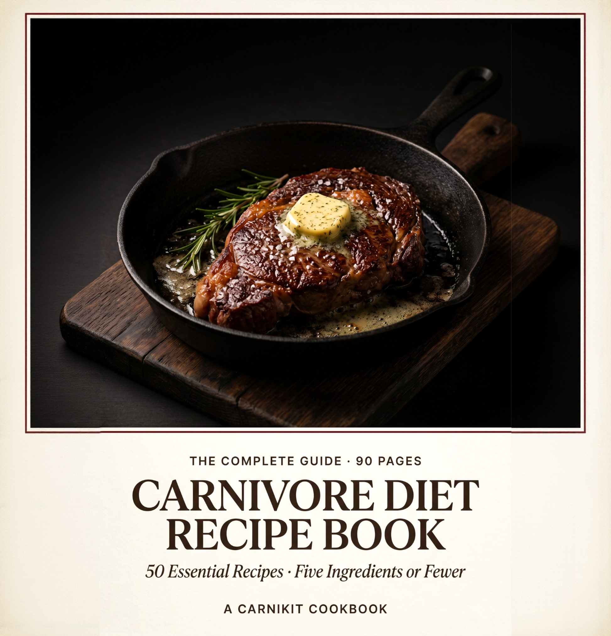 Cookbook cover featuring a steak with butter and herbs on a pan, set against a dark background.