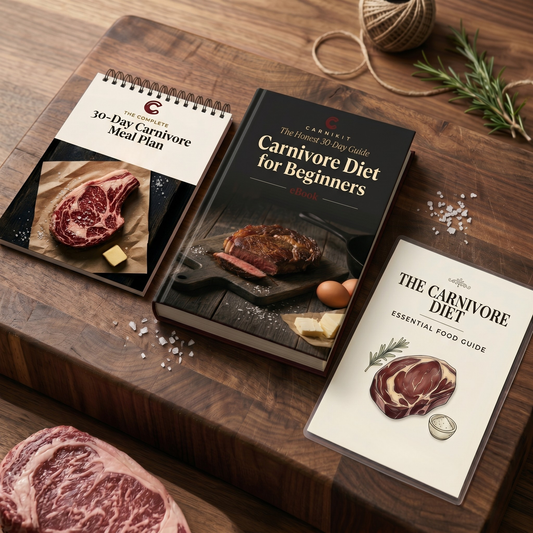 Three books on a wooden surface with raw meat and kitchen items.