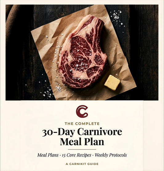 Book cover of 'The Complete 30-Day Carnivore Meal Plan' with a steak on brown paper.