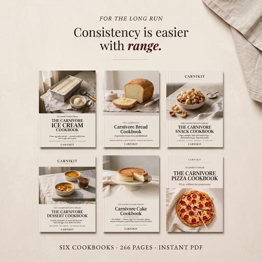 Promotional graphic for a set of six carnivore cookbook PDFs arranged in a 2x3 grid on a warm beige background with a linen cloth in the corner. The text reads 'For the long run Consistency is easier with range.