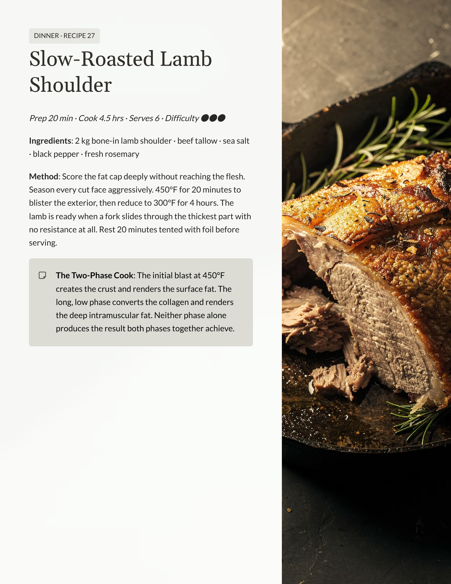 carnivore recipe for slow-roasted lamb shoulder with text and image of roasted lamb on a plate.