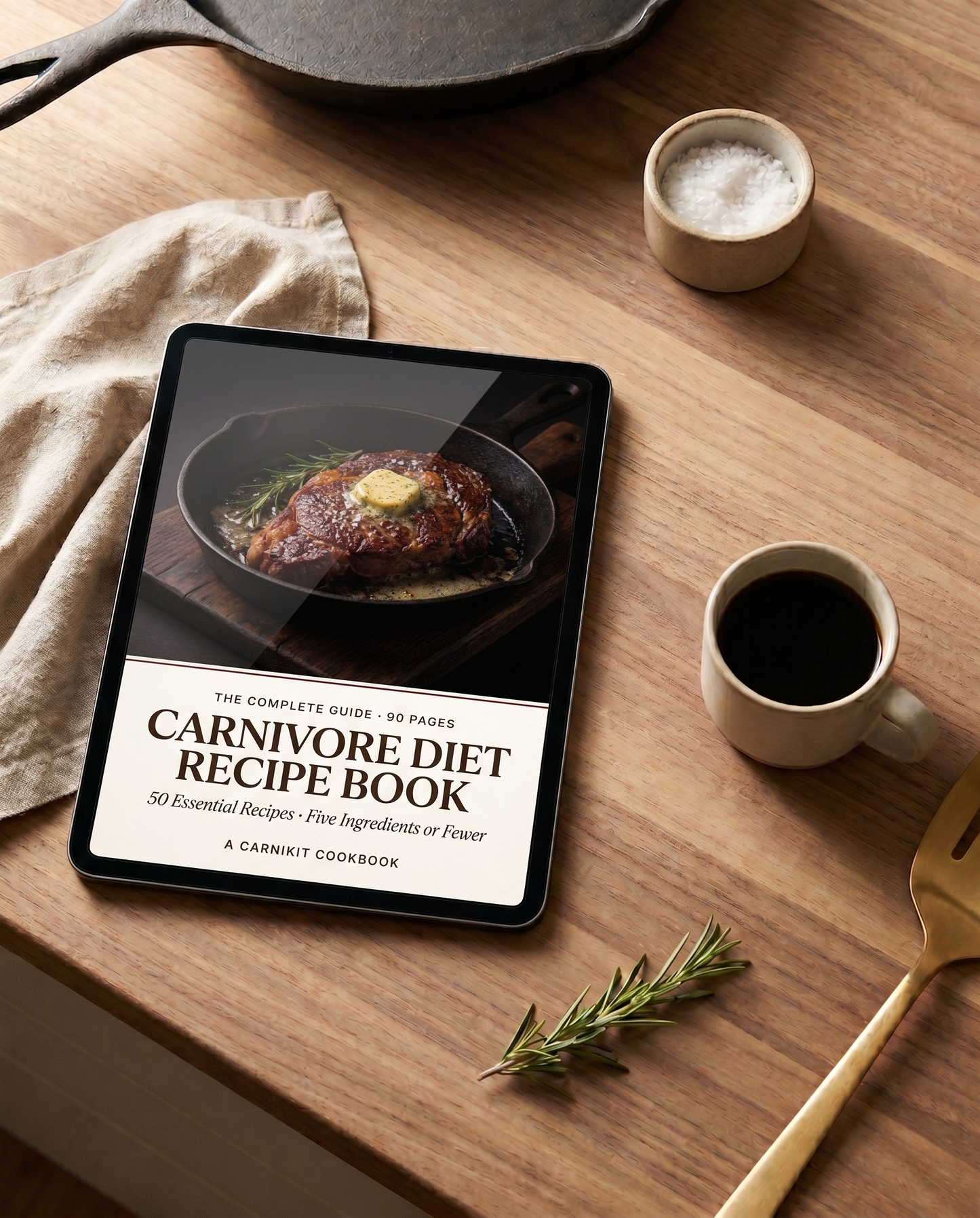 Tablet displaying 'Carnivore Diet Recipe Book' on a wooden table with food items.