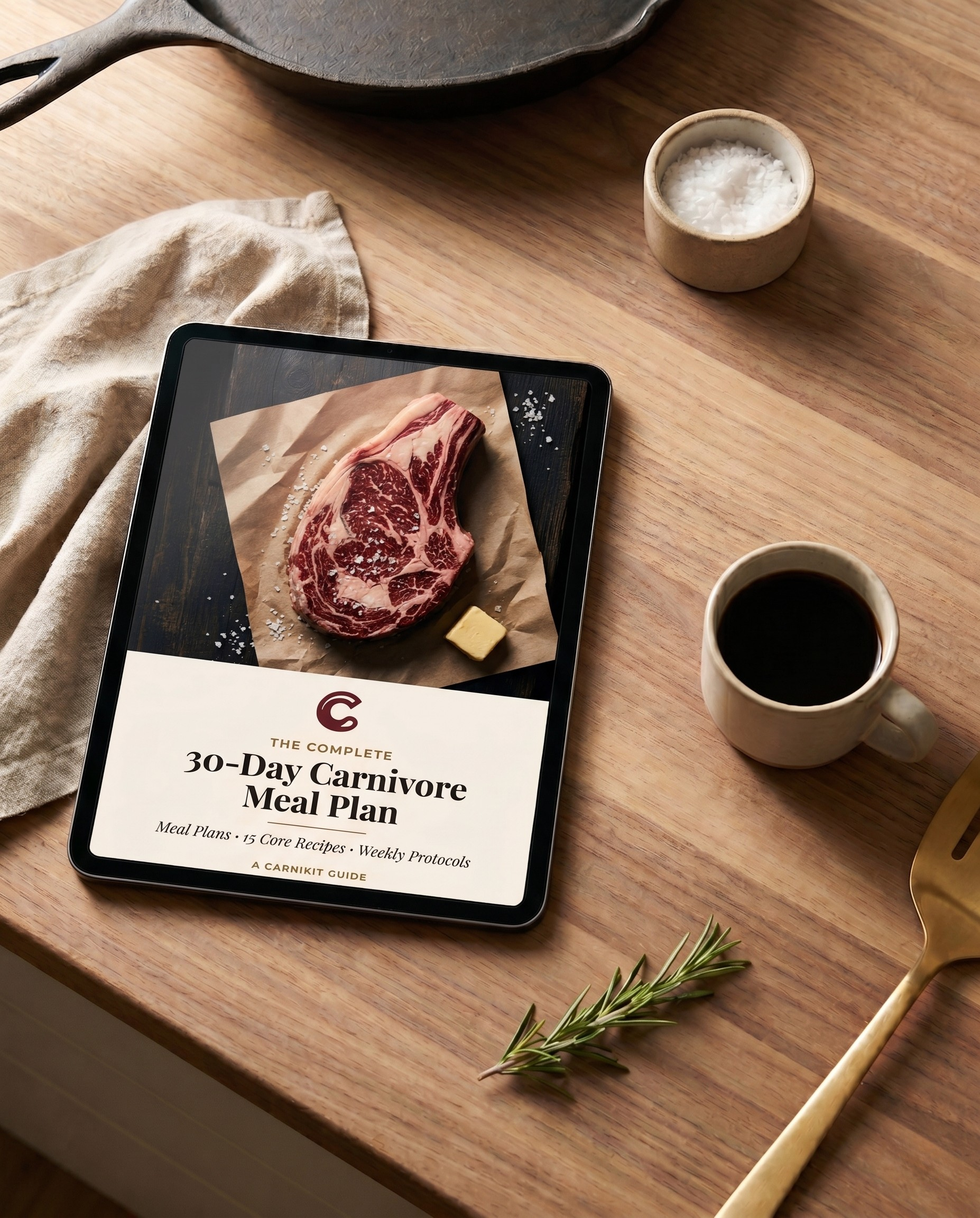 Tablet displaying a 30-Day Carnivore Meal Plan on a wooden table with a steak image.