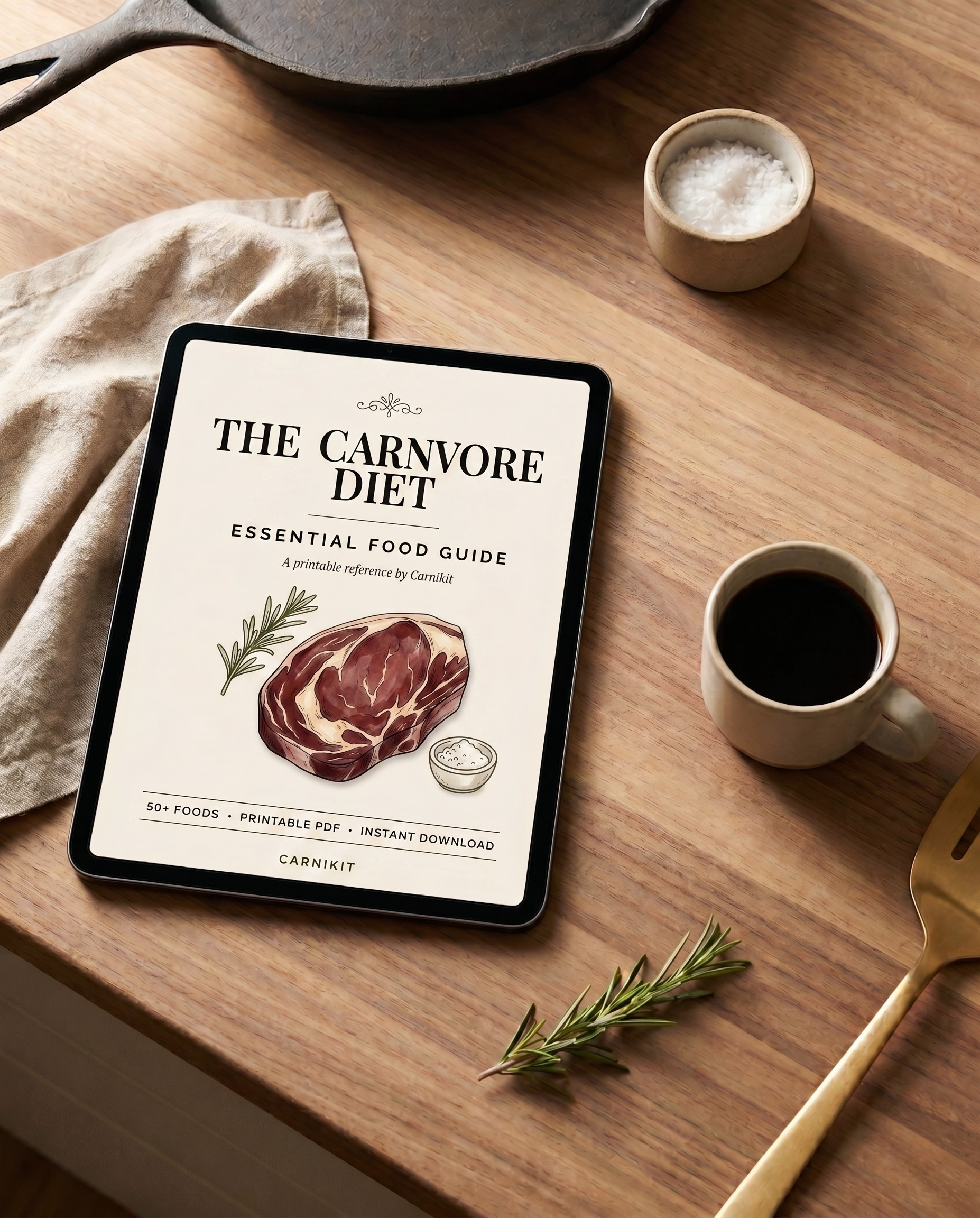 Tablet displaying 'The Carnvore Diet' on a wooden table with a steak illustration.