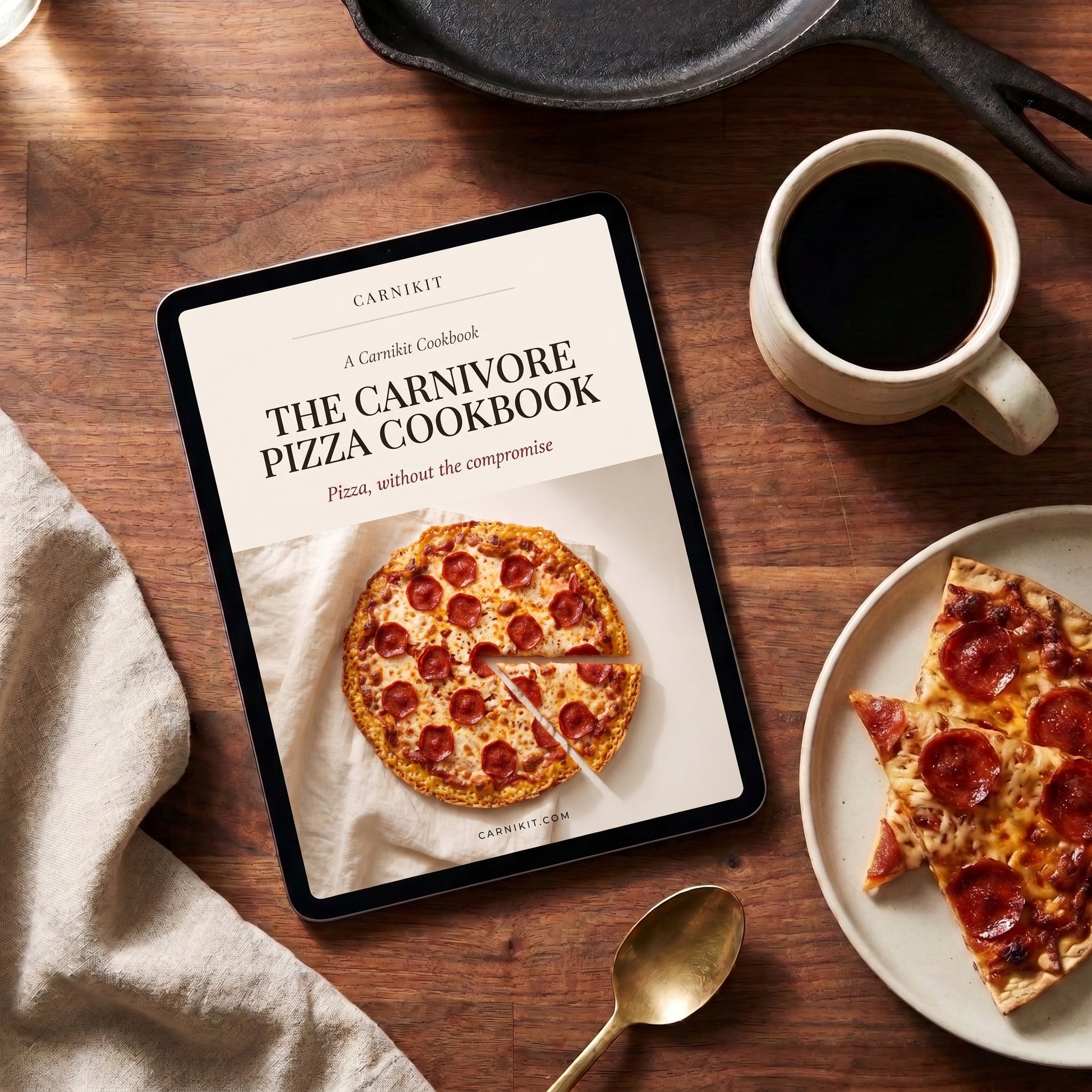 A tablet on a wooden table displaying the cover of 'The Carnivore Pizza Cookbook' by Carnivrit. The scene is styled as a flat lay with a cup of black coffee, a plate with a slice of carnivore pizza, a gold spoon, and a beige cloth.