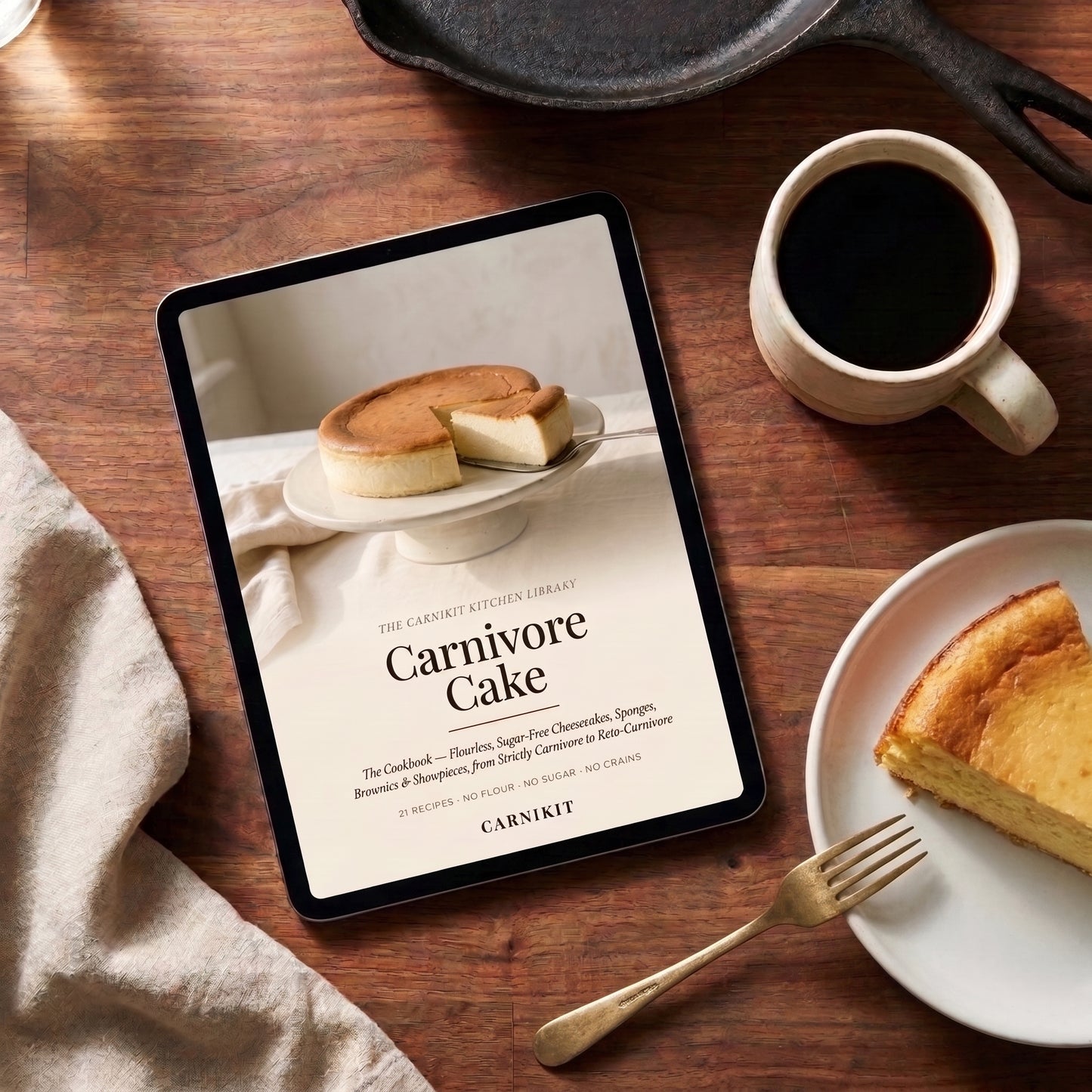 A tablet on a wooden table displaying a cookbook cover titled "Carnivore Cake" by Carnikit. The scene is styled with a cup of black coffee, a plate with a slice of cake, a fork, and a cast iron skillet.