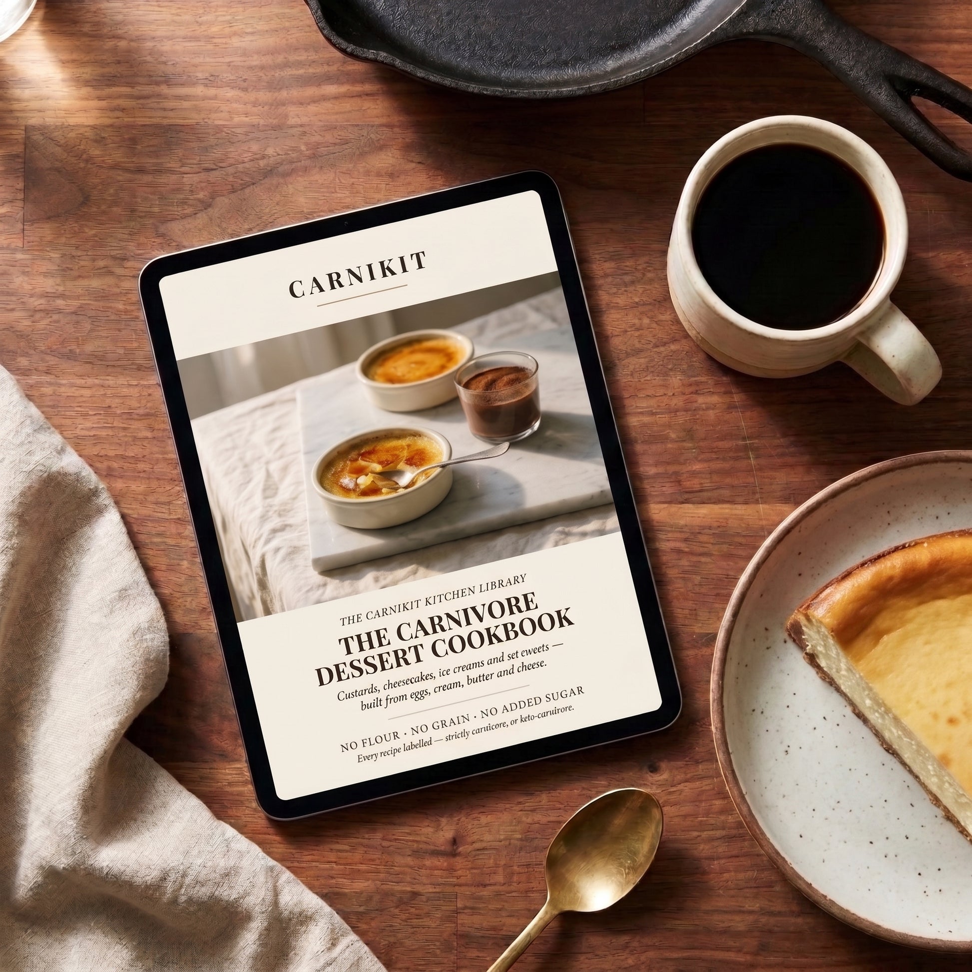 A tablet on a wooden table displaying the cover of 'The Carnivore Dessert Cookbook' by Carnikit, styled with a cup of black coffee, a slice of cheesecake, a gold spoon, and a beige cloth.