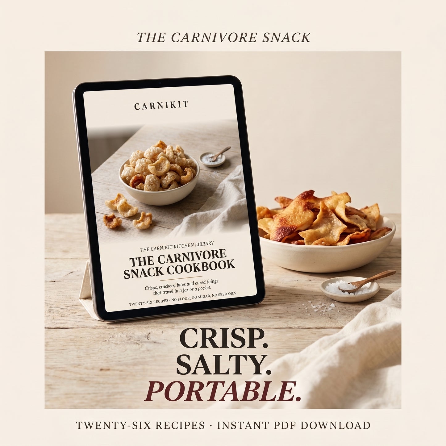 A digital cookbook cover for 'The Carnivore Snack Cookbook' by Carnikit, displayed on a tablet mockup. The cover features a photo of a bowl of snacks and the text 'The Carnivore Snack Cookbook'.