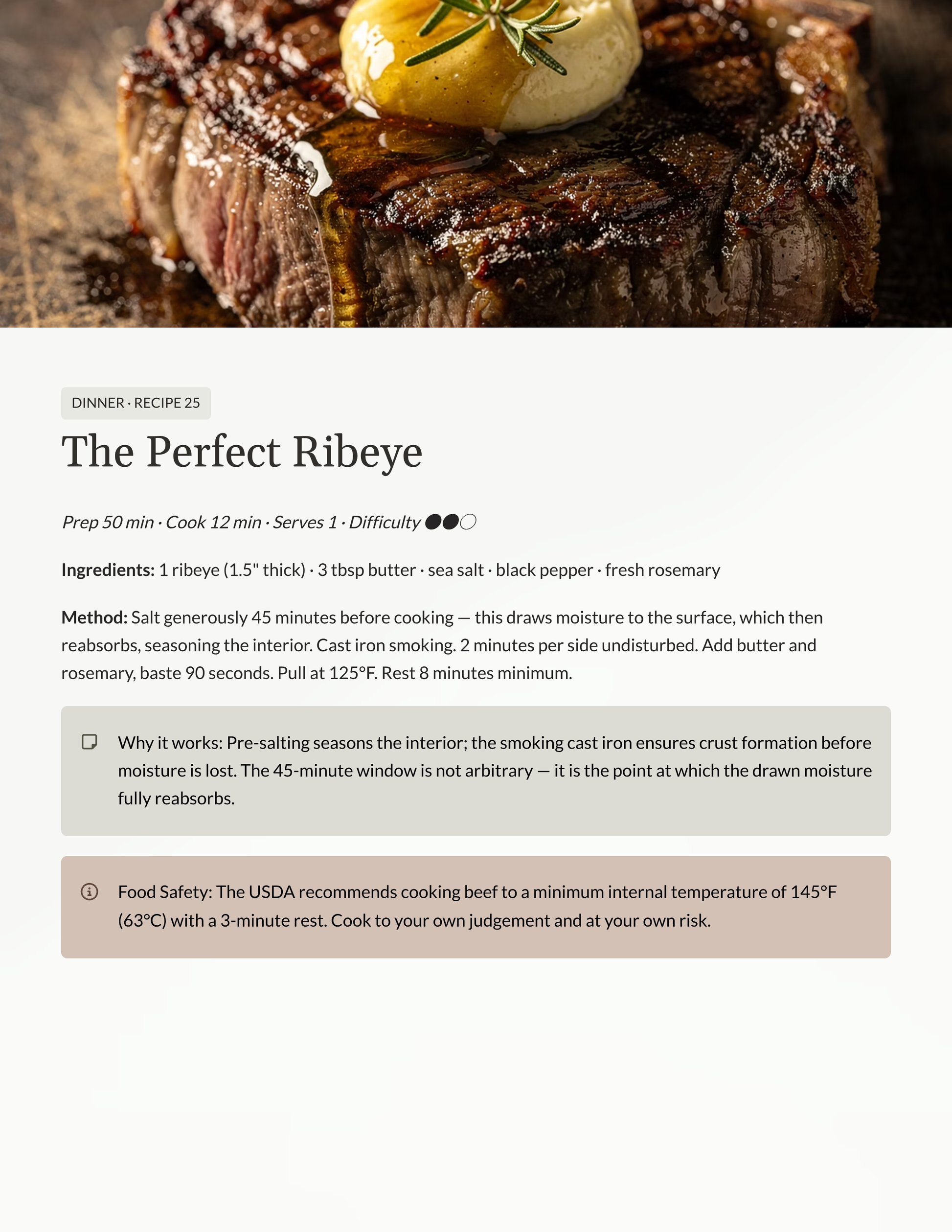 carnivore dinner recipe for 'The Perfect Ribeye' with a close-up of a ribeye steak on a plate.