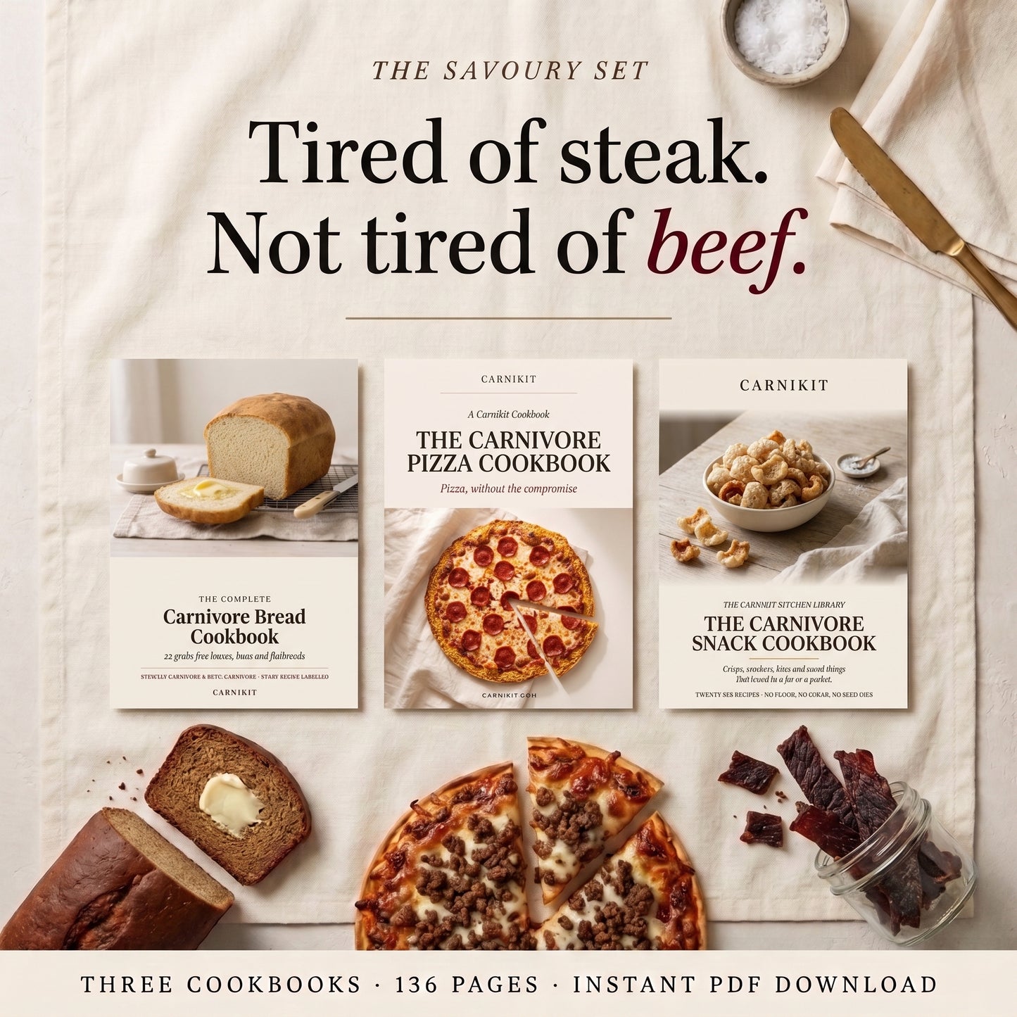 Promotional graphic for 'The Savoury Set' cookbook bundle by Carnikit, featuring three book covers: 'The Carnivore Bread Cookbook', 'The Carnivore Pizza Cookbook', and 'The Carnivore Snack Cookbook'. The books are arranged on a light beige linen background with food props like bread, a sliced pizza, nuts, and dried meats.