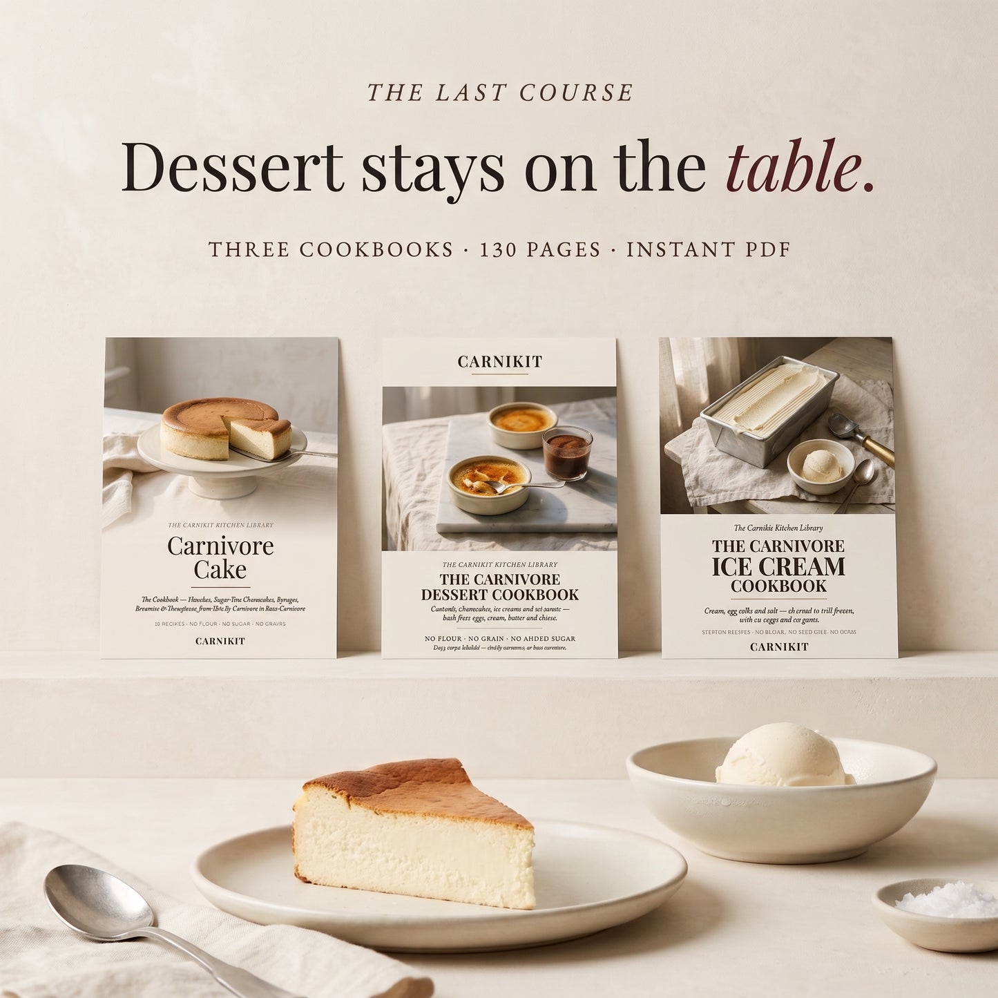 Promotional graphic for a dessert cookbook bundle titled "Dessert stays on the table." showing three Carnikit carnivore cookbook covers arranged on a tabletop with a cheesecake slice, bowl of ice cream, spoon, and salt in front.