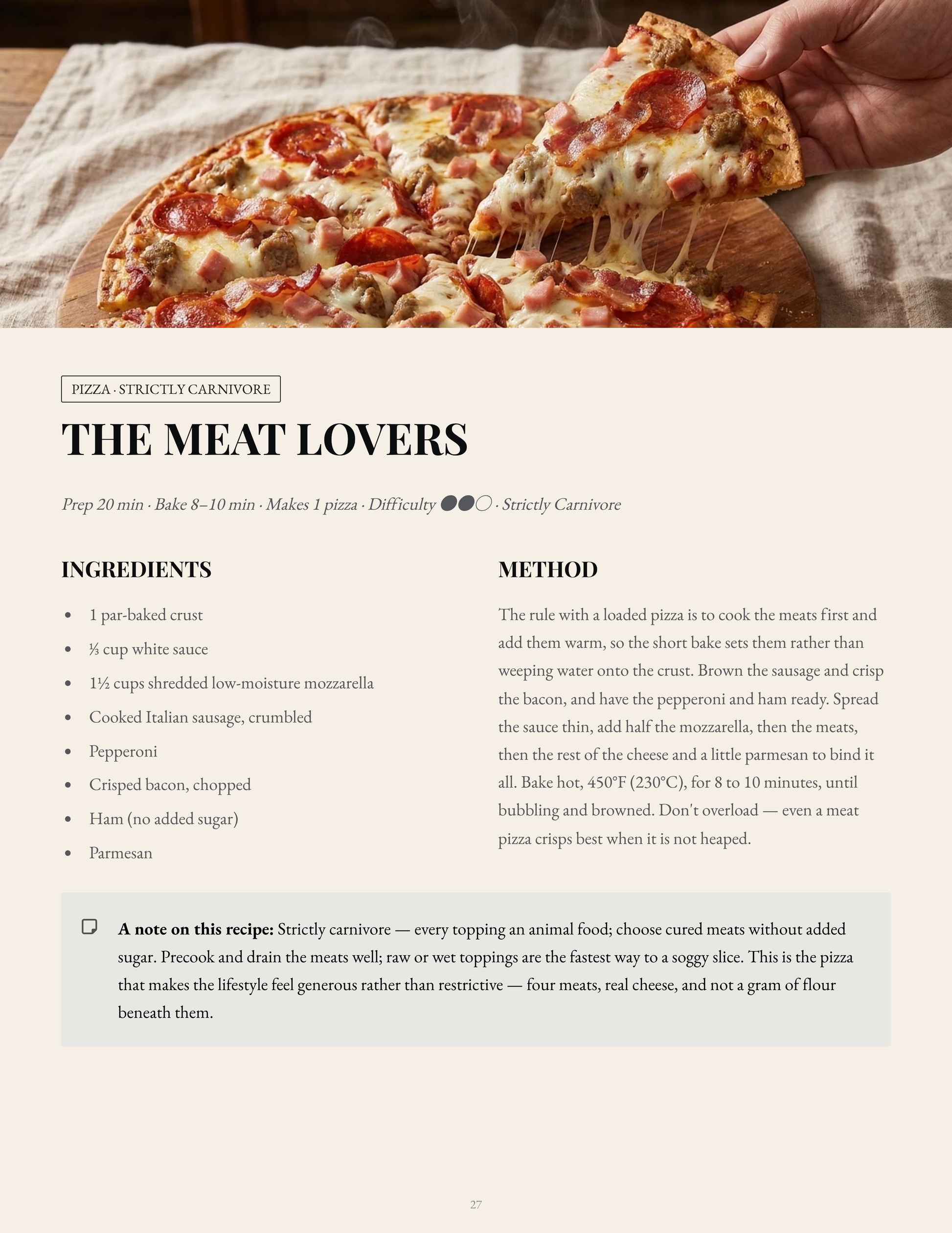 A recipe card for 'The Meat Lovers' carnivore pizza stuffed with prosciutto and ham, featuring a photo of a sliced carnivore pizza topped with ham on a white background with text instructions below.