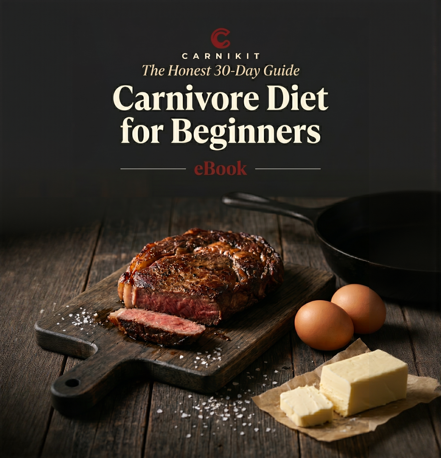 Carnivore diet guide eBook cover with steak, eggs, and butter on a wooden surface.